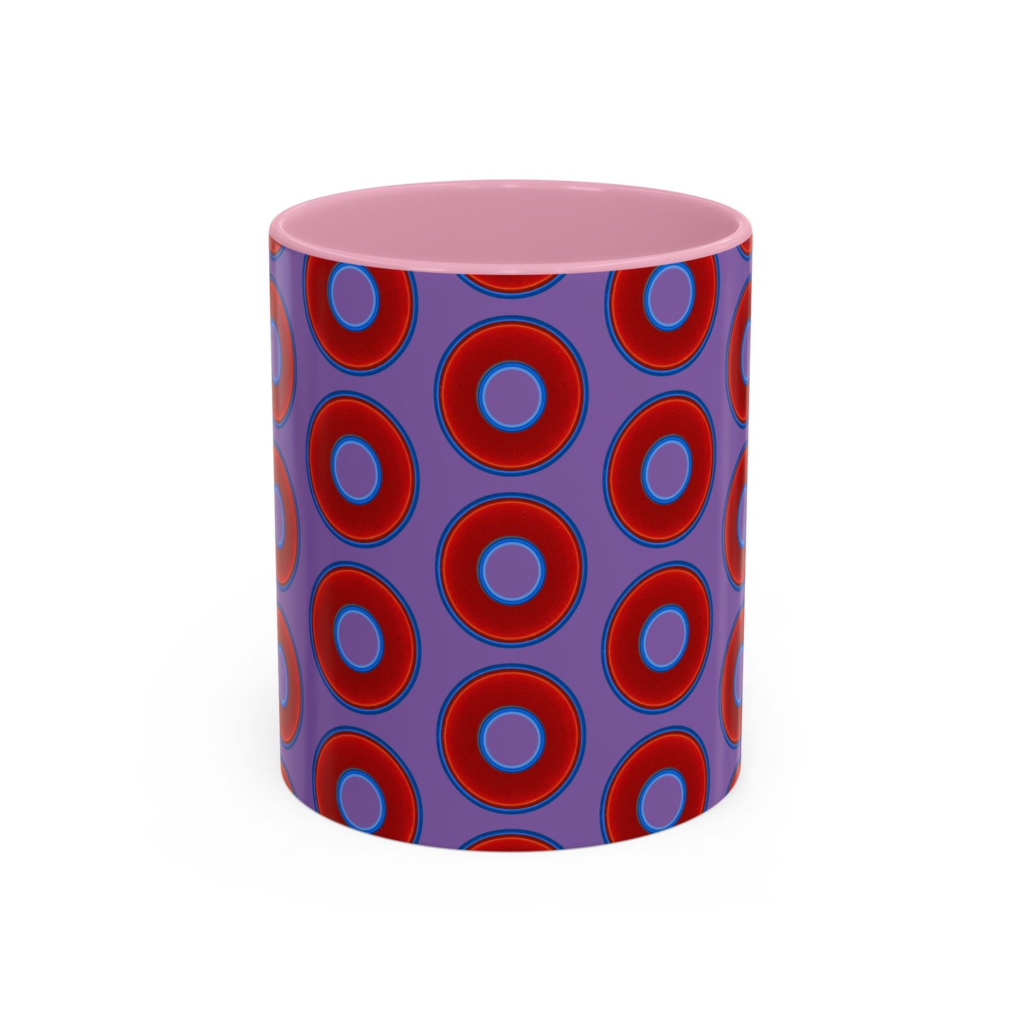 Lump's Grumpy Coffee Mug - vivid red donuts w/light purple background