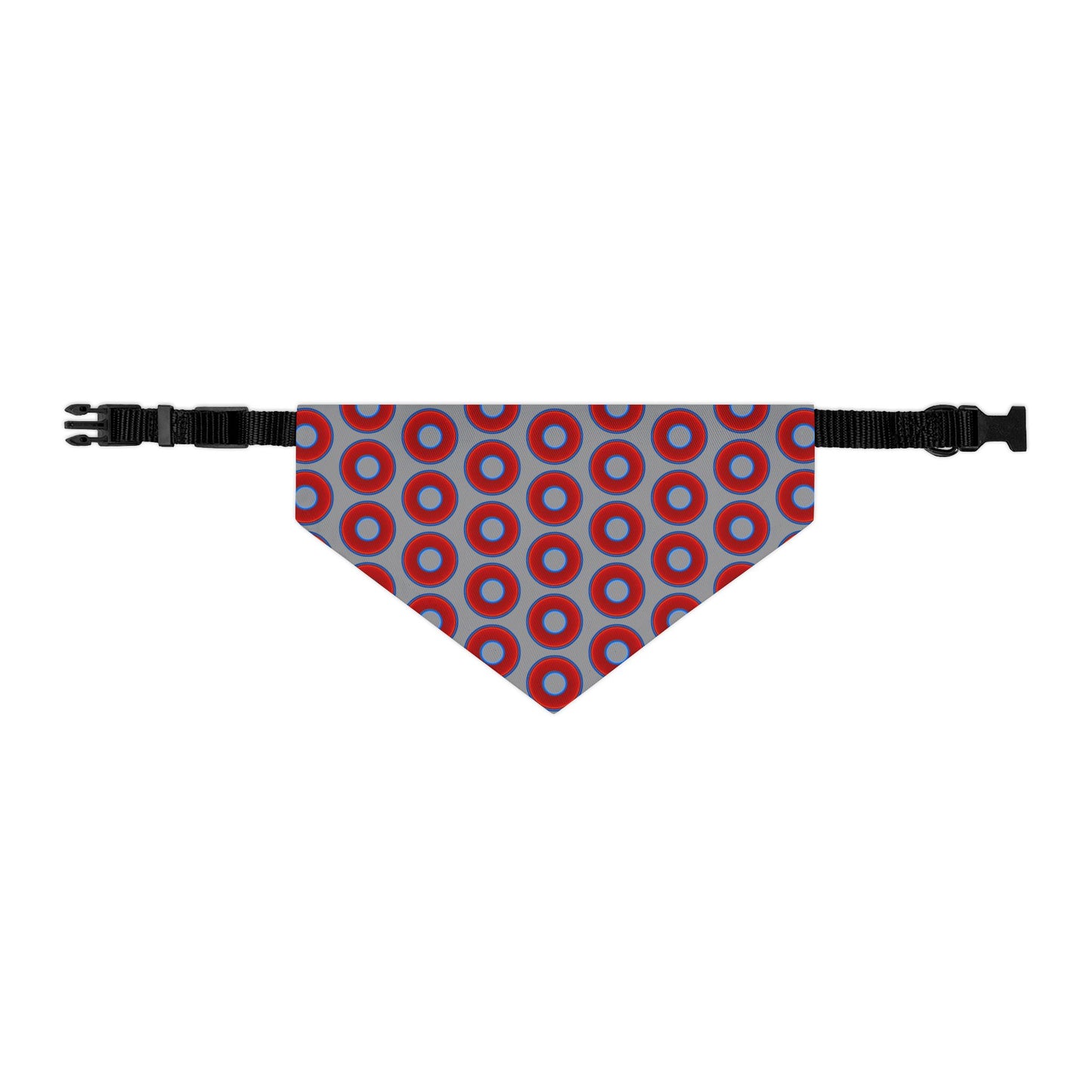 Jim's Lumpy Bandana Pet Collar - vivid red donuts w/gray background
