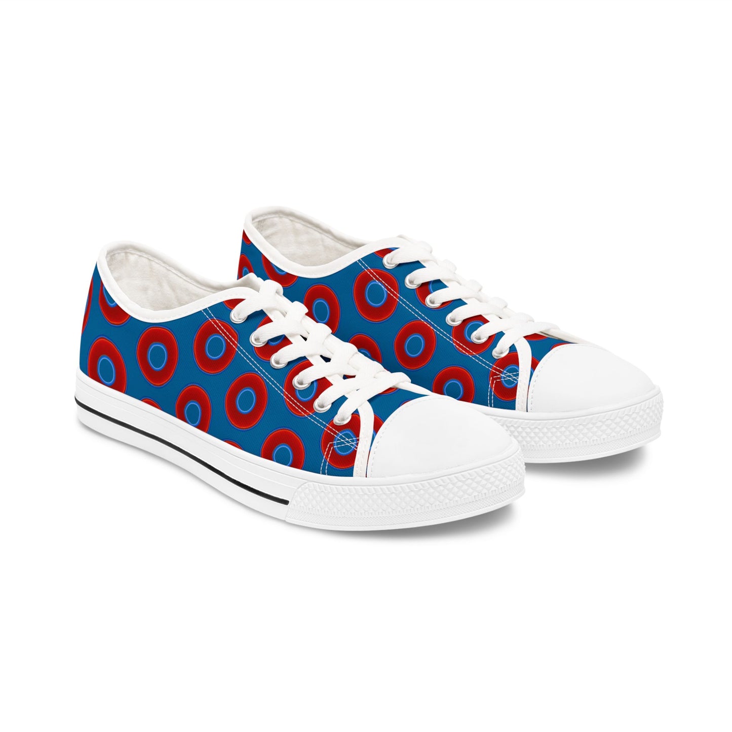 Women's - Low Top Chuck Taylors - large vivid red donut print w/wavy navy background