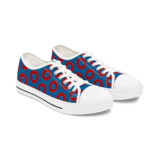 Women's - Low Top Chuck Taylors - large vivid red donut print w/wavy navy background