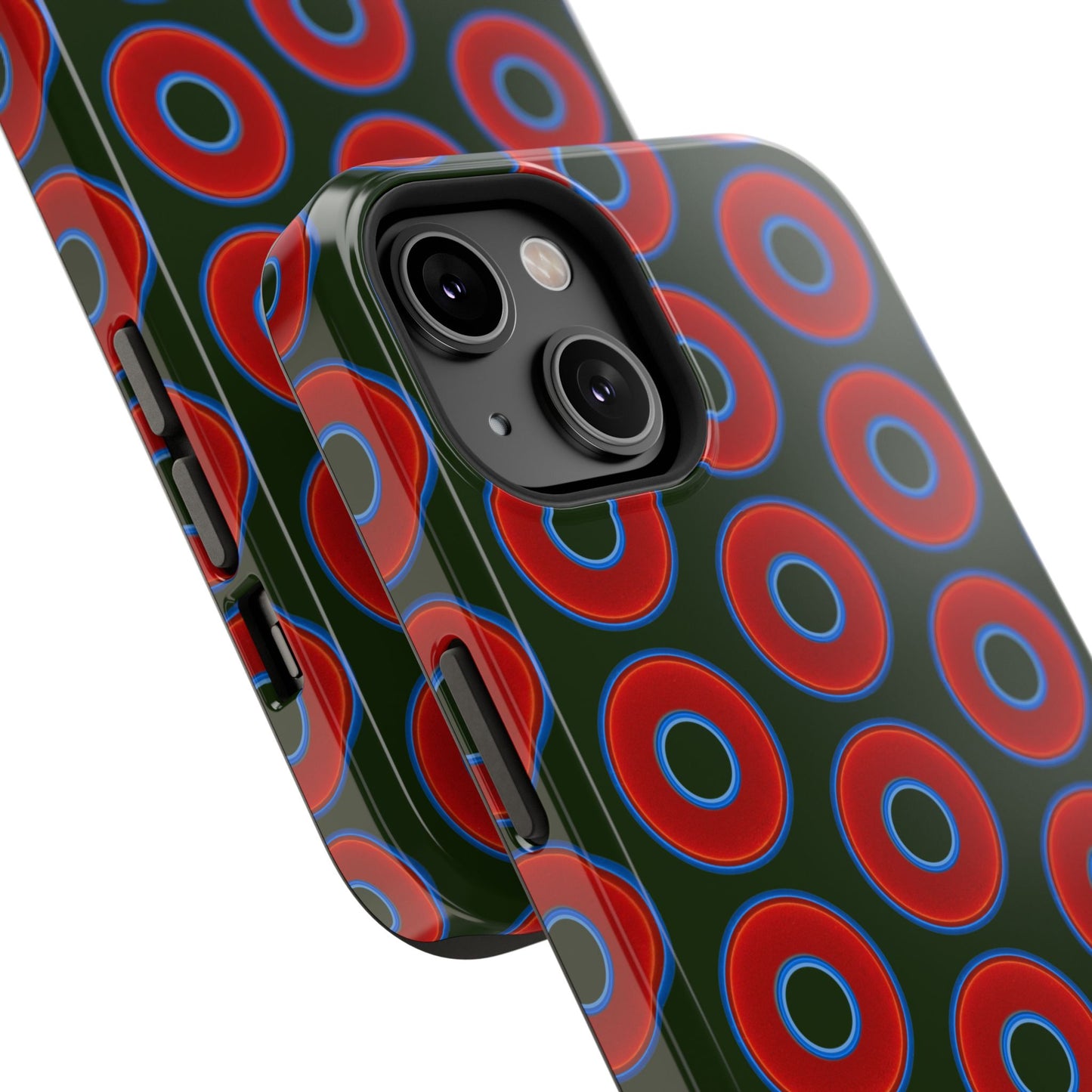 Impact-Resistant Lumpy Donut Case - red vivid donut print w/deep forest green background
