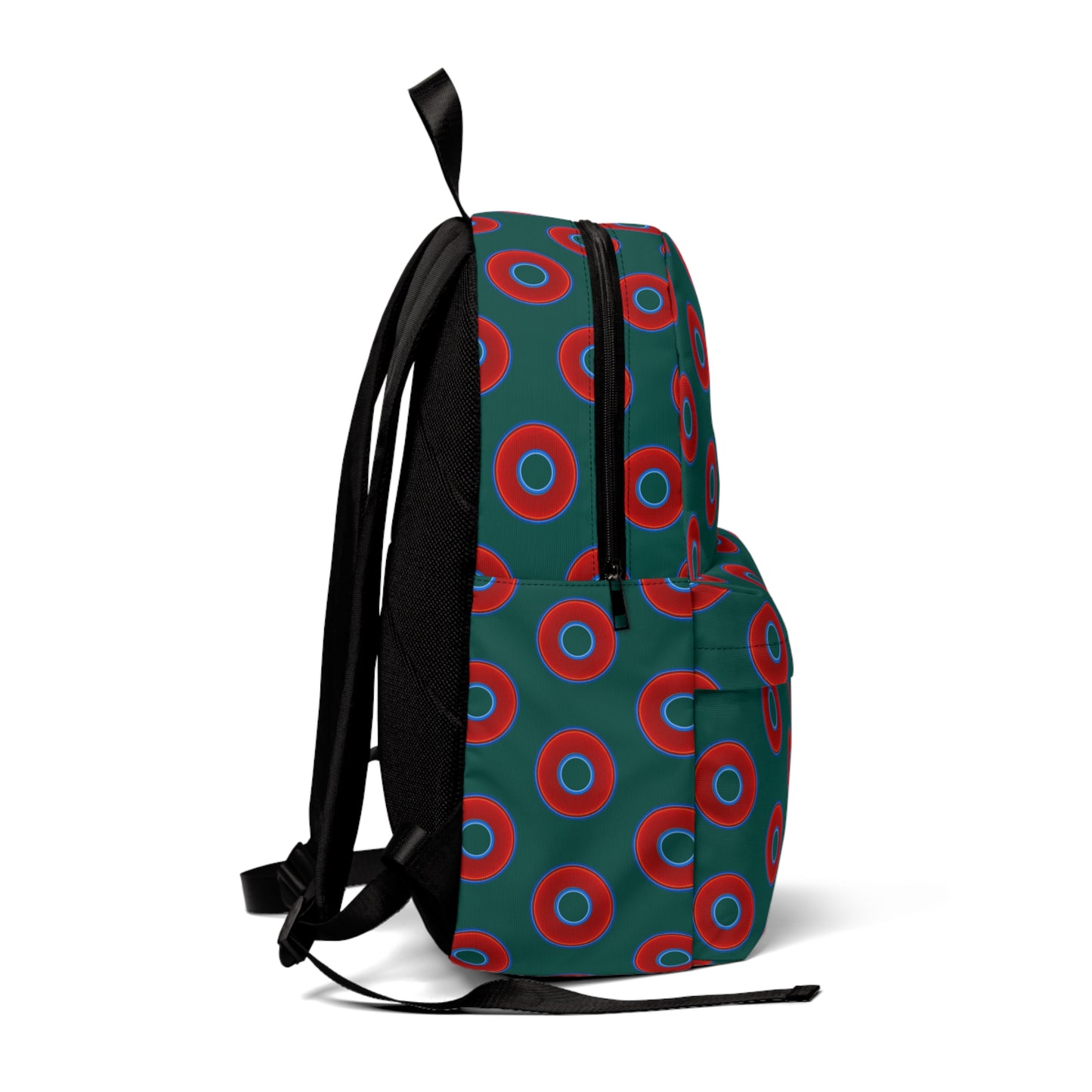 Donut Backpack - red vivid donuts w/dark grayish green background