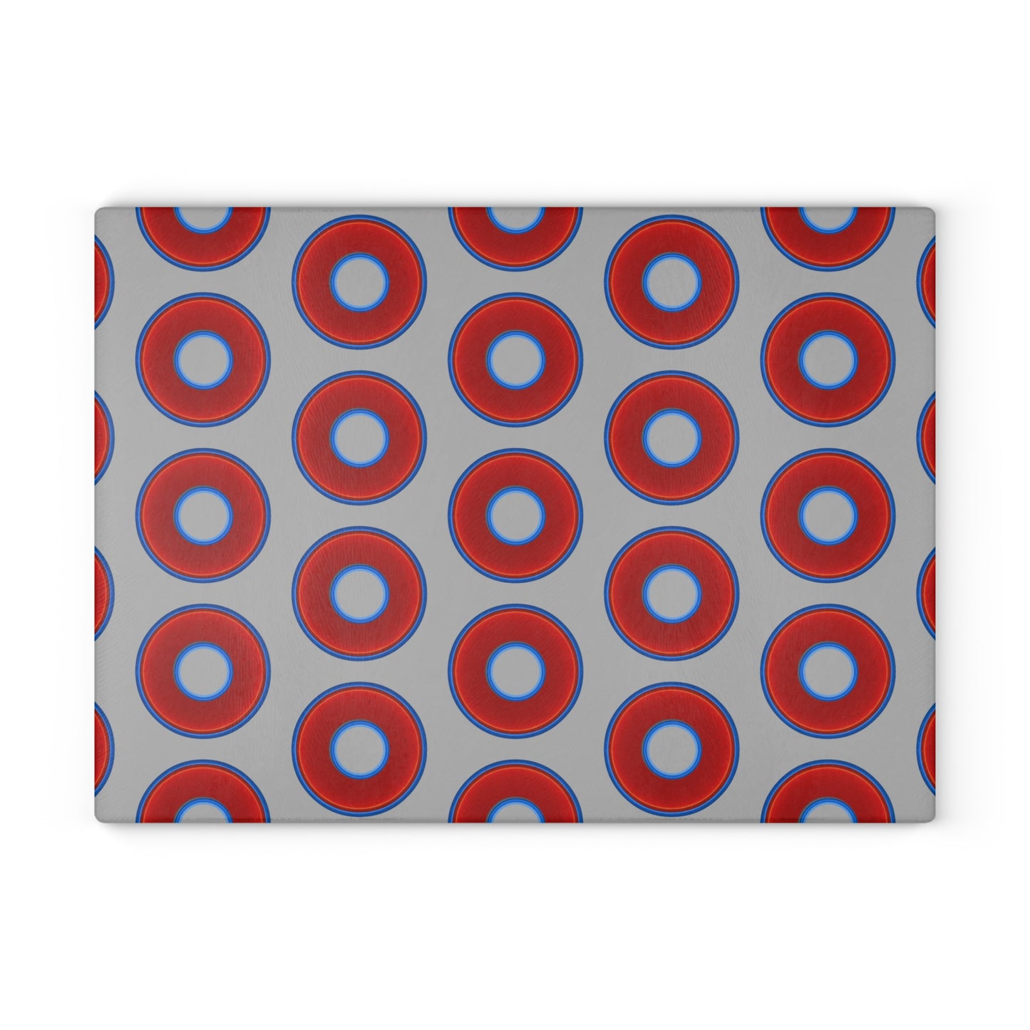 My Friend's Cutting Board - vivid red donuts w/light gray background