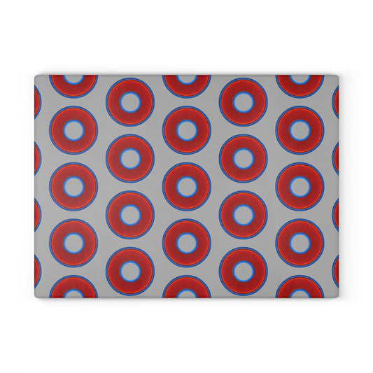 My Friend's Cutting Board - vivid red donuts w/light gray background