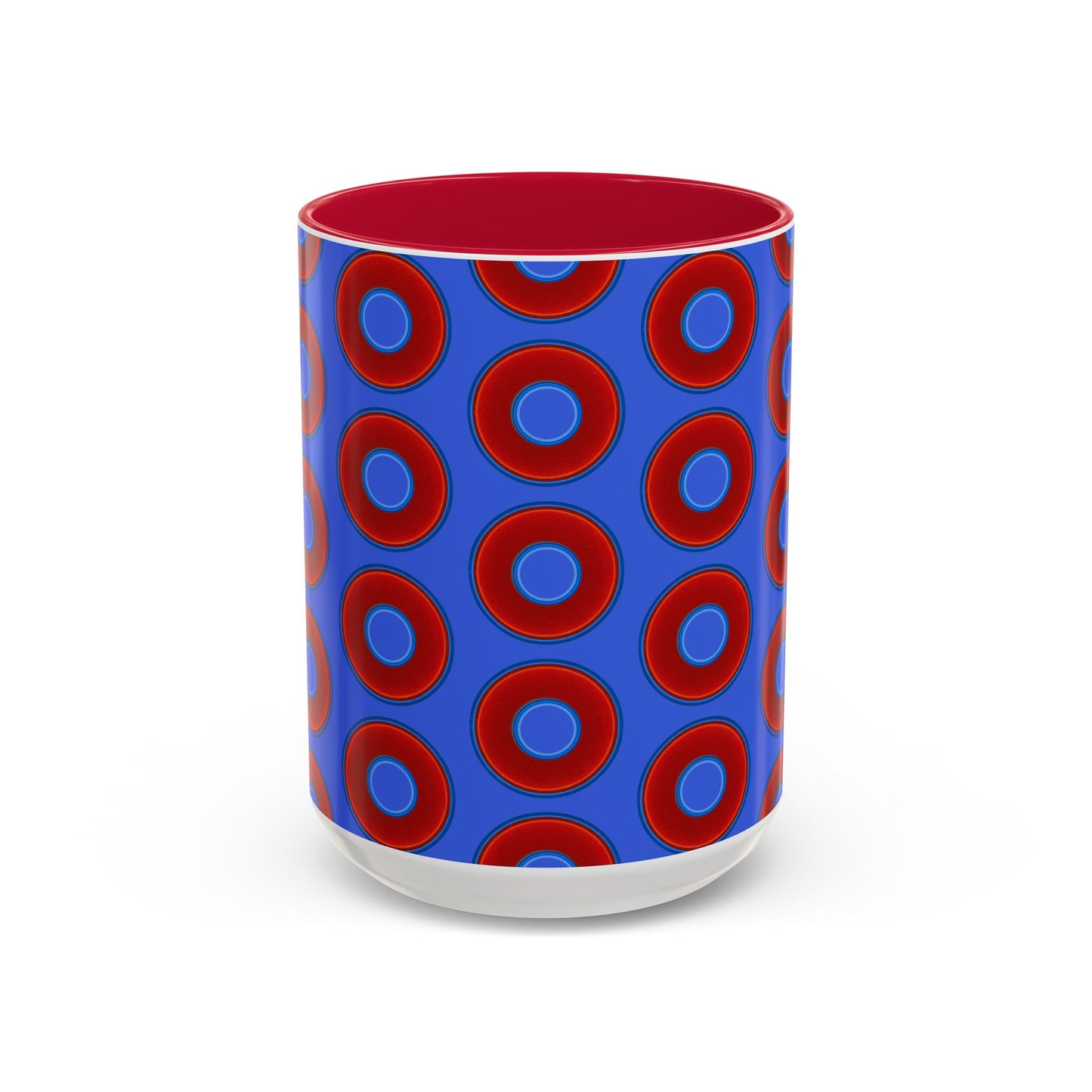Lump's Grumpy Coffee Mug - vivid red donuts w/royal blue background