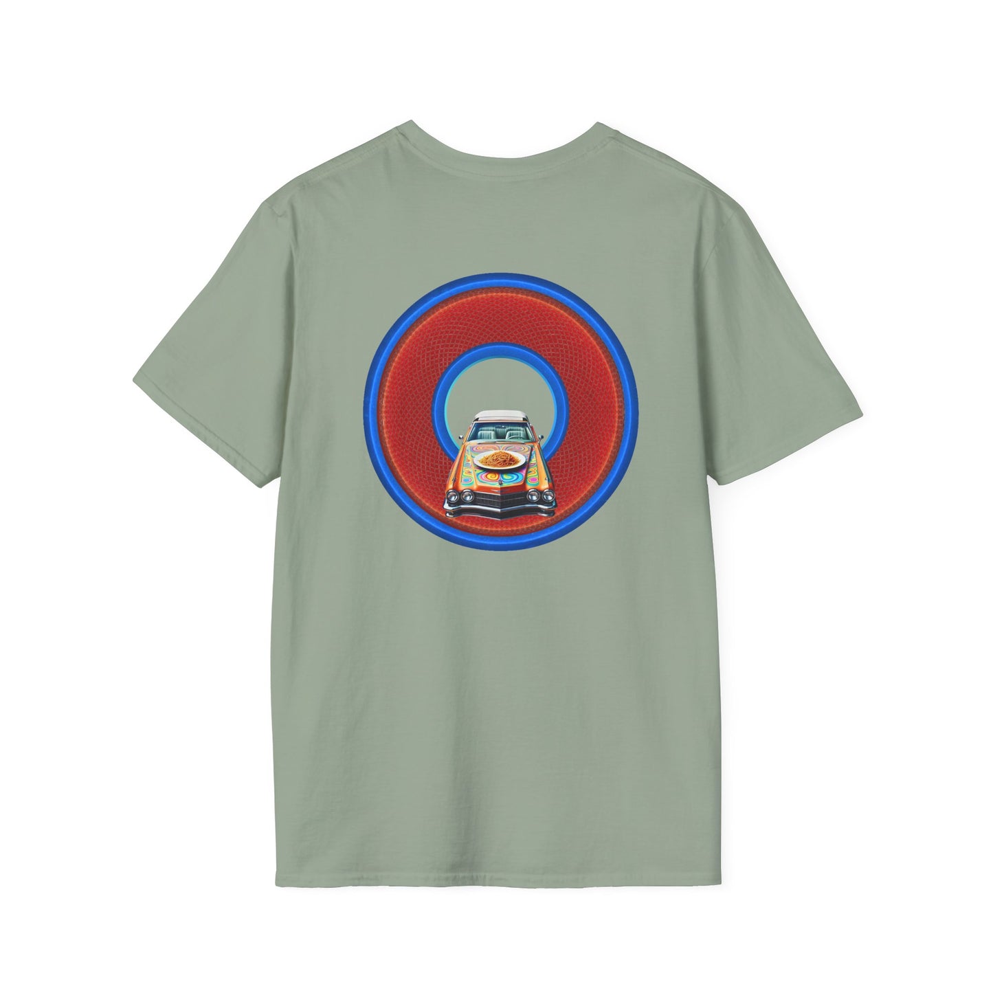Classic Donut Tee - Unisex Soft-Style - "Cadillac Rainbows Spaghetti Incident" - series 1.0  - variant 4 - red/blue donut