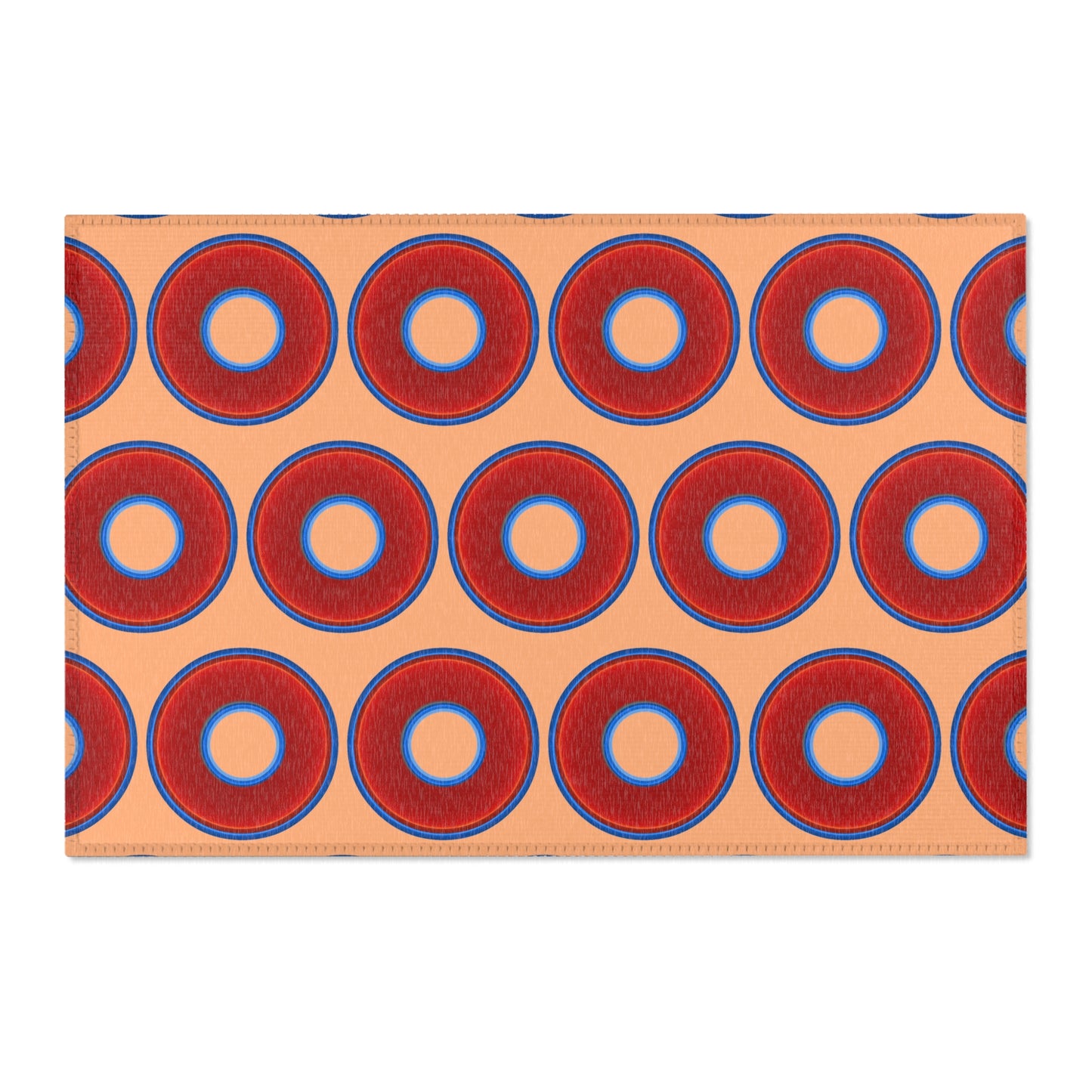 Lumpy Donut Print Rug - choice of 3 sizes - vivid red donut print w/peach background