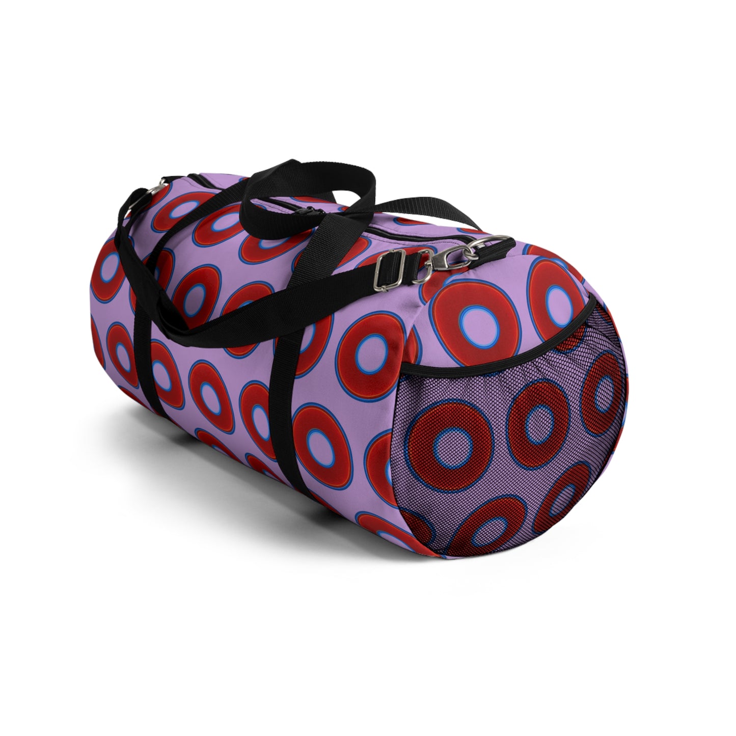 Lumpy Duffel - vivid red donuts w/wisteria purple background