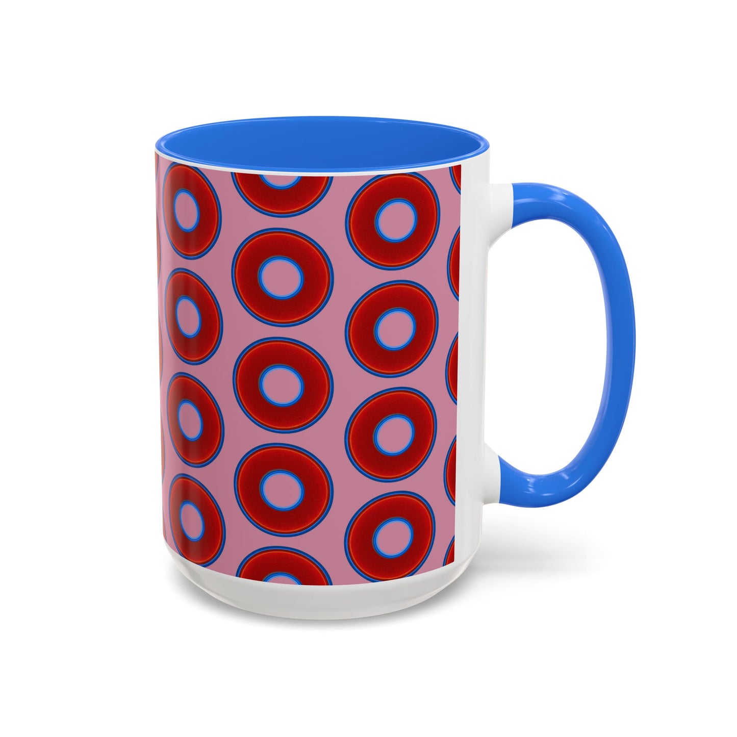 Lump's Grumpy Coffee Mug - vivid red donuts w/pink background