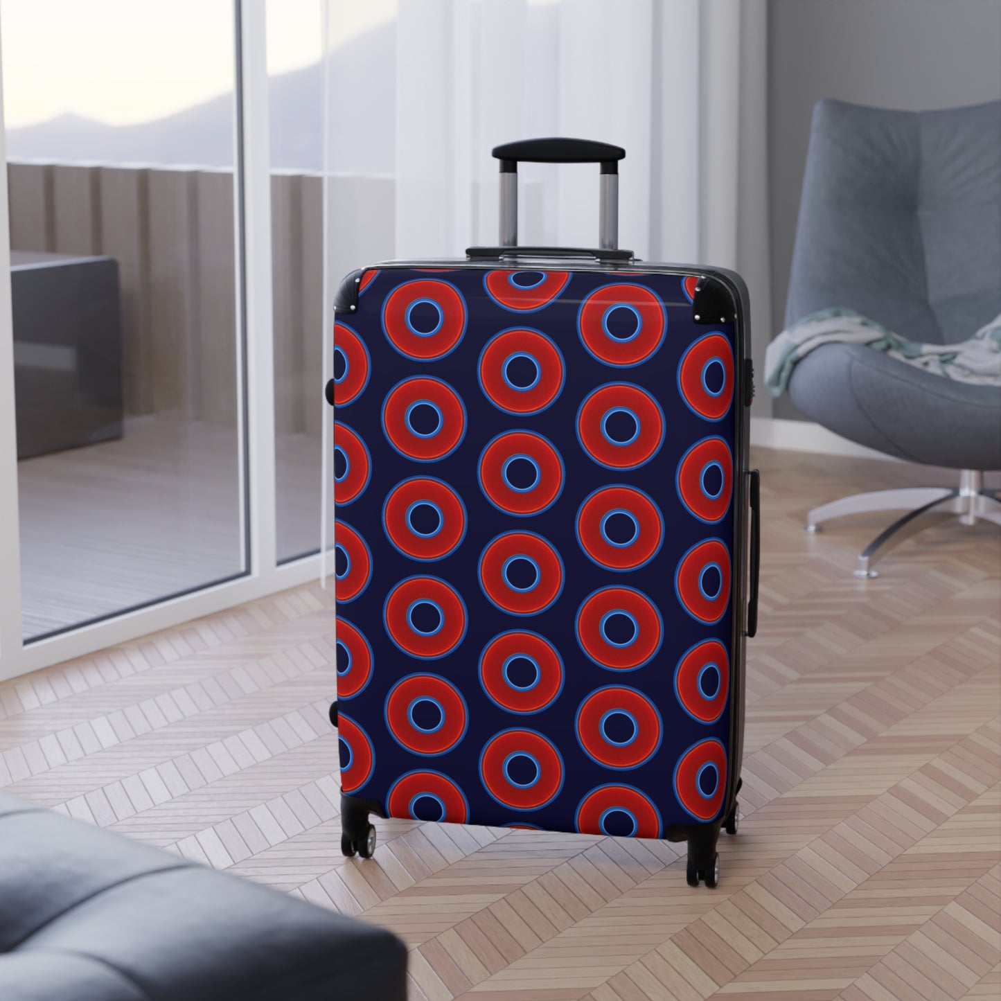 The Very Lumpy Donut Suitcase series - your choice of S, M or L - vivid red donut print w/midnight blue background