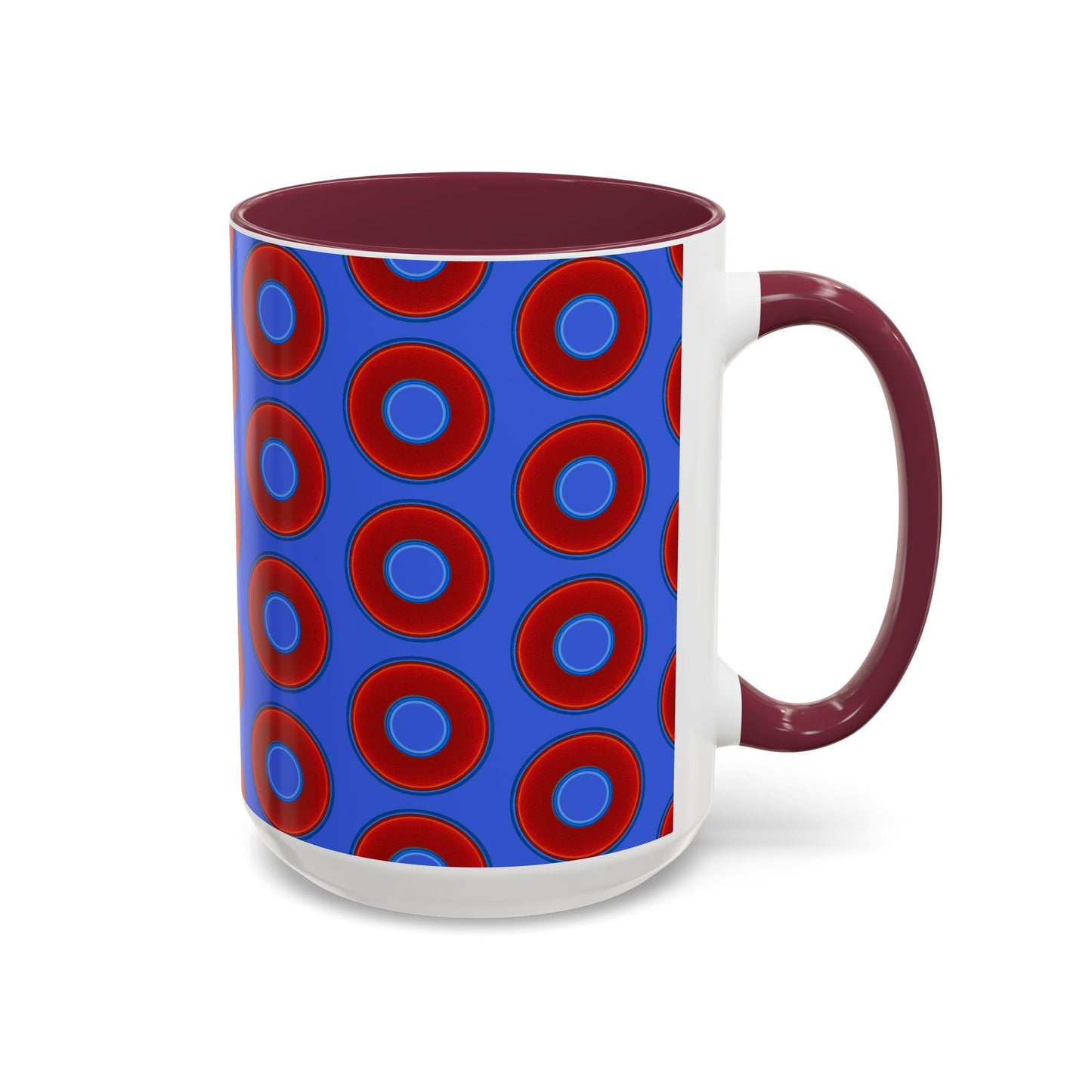 Lump's Grumpy Coffee Mug - vivid red donuts w/royal blue background