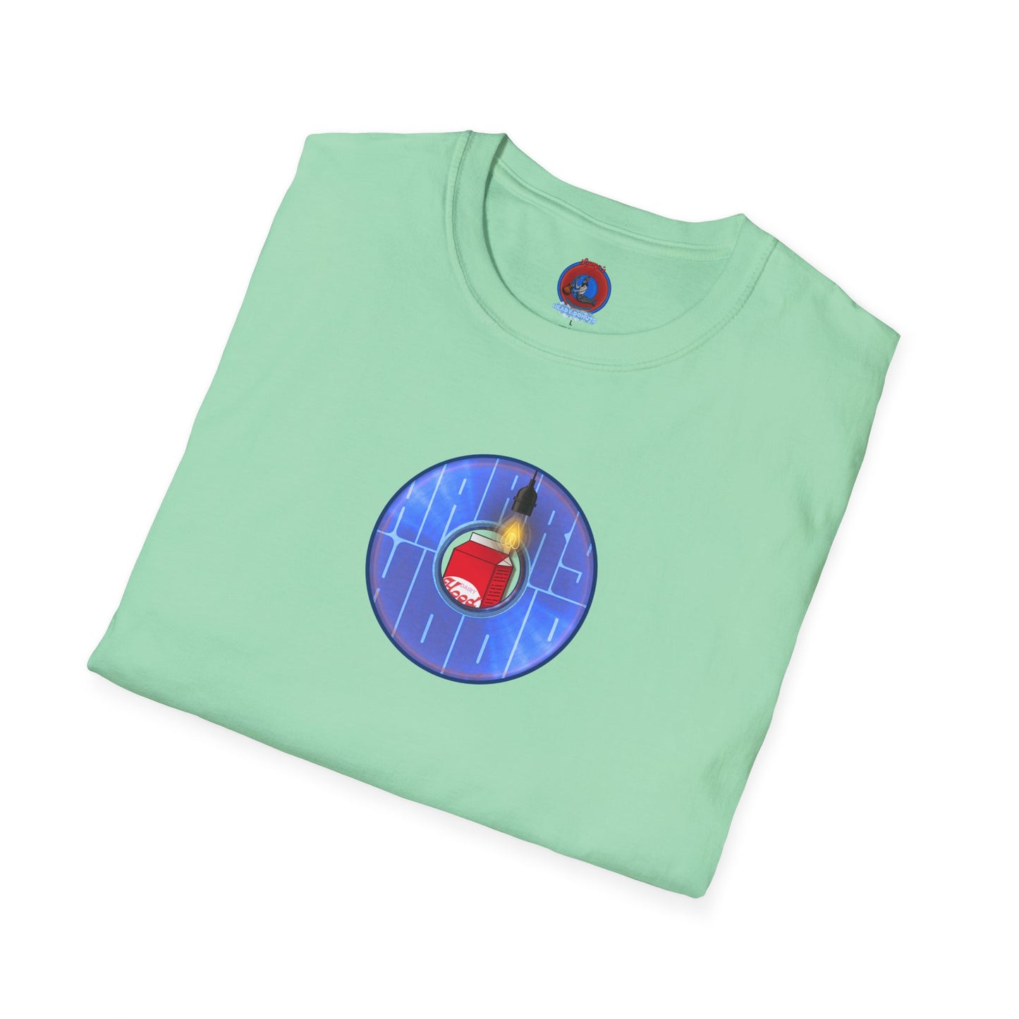 Classic Donut Tee - Unisex Soft-Style - "Harry Left His Donut Shirt" - series 1.0  - variant 4 - purple/blue donut - w/milk & light on