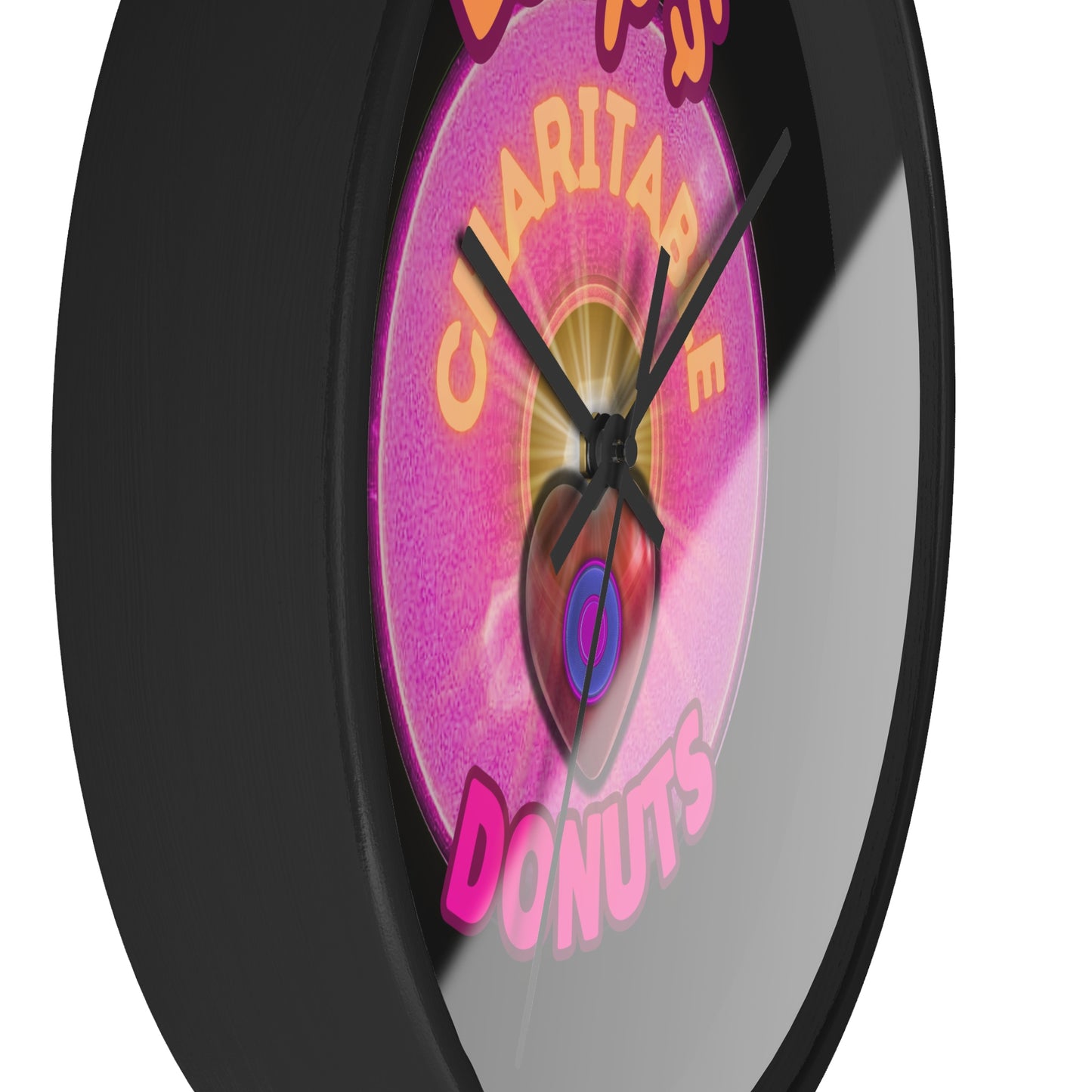 Lumpy Wall Clock - "Official Lump's Charitable Donut" - pink vivid donut w/black background [*charitable donut]
