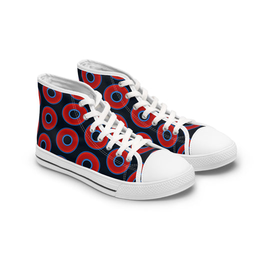 Women's High Top Chuck Taylors - large vivid red donut print w/blue charcoal background
