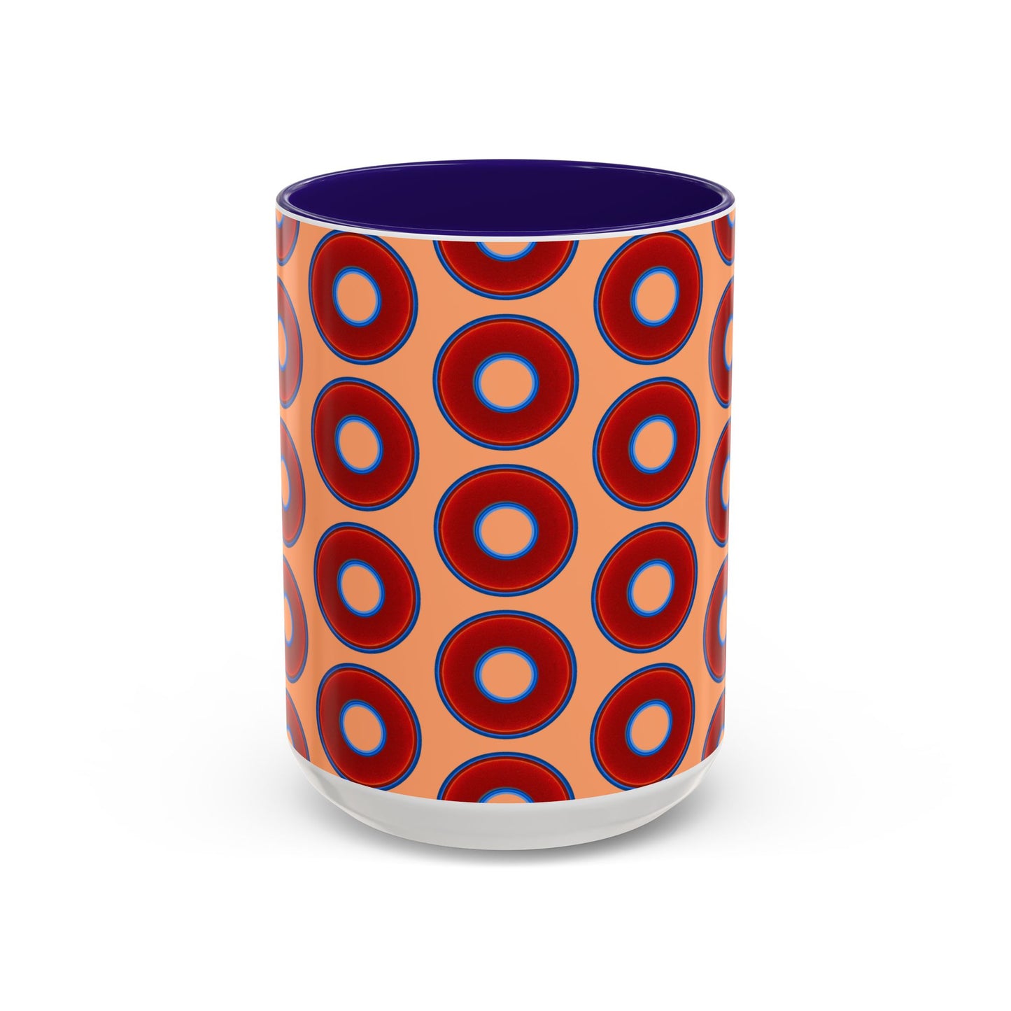 Lump's Grumpy Coffee Mug - vivid red donuts w/peach background