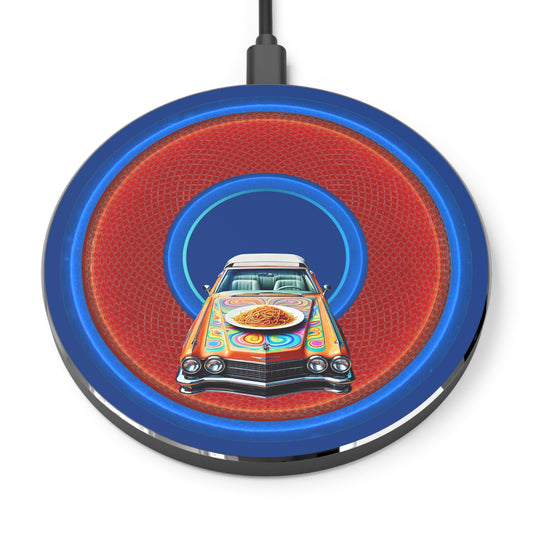 The Flow - Wireless Lumpy Donut Chargers - "Cadillac Rainbows & Charging on the Run" - rustic red/blue donut w/dark blue background - variant 1