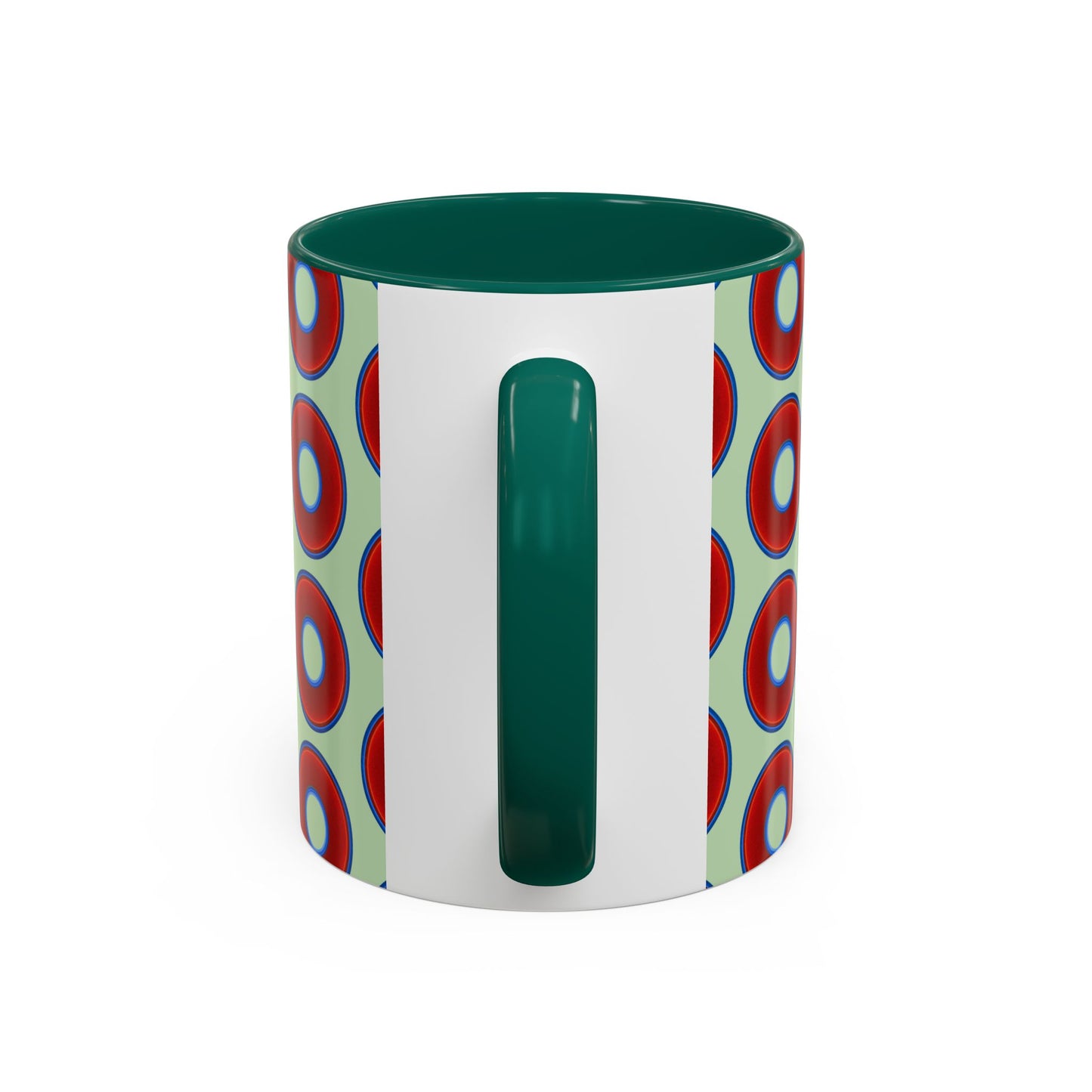 Lump's Grumpy Coffee Mug - vivid red donuts w/seafoam background