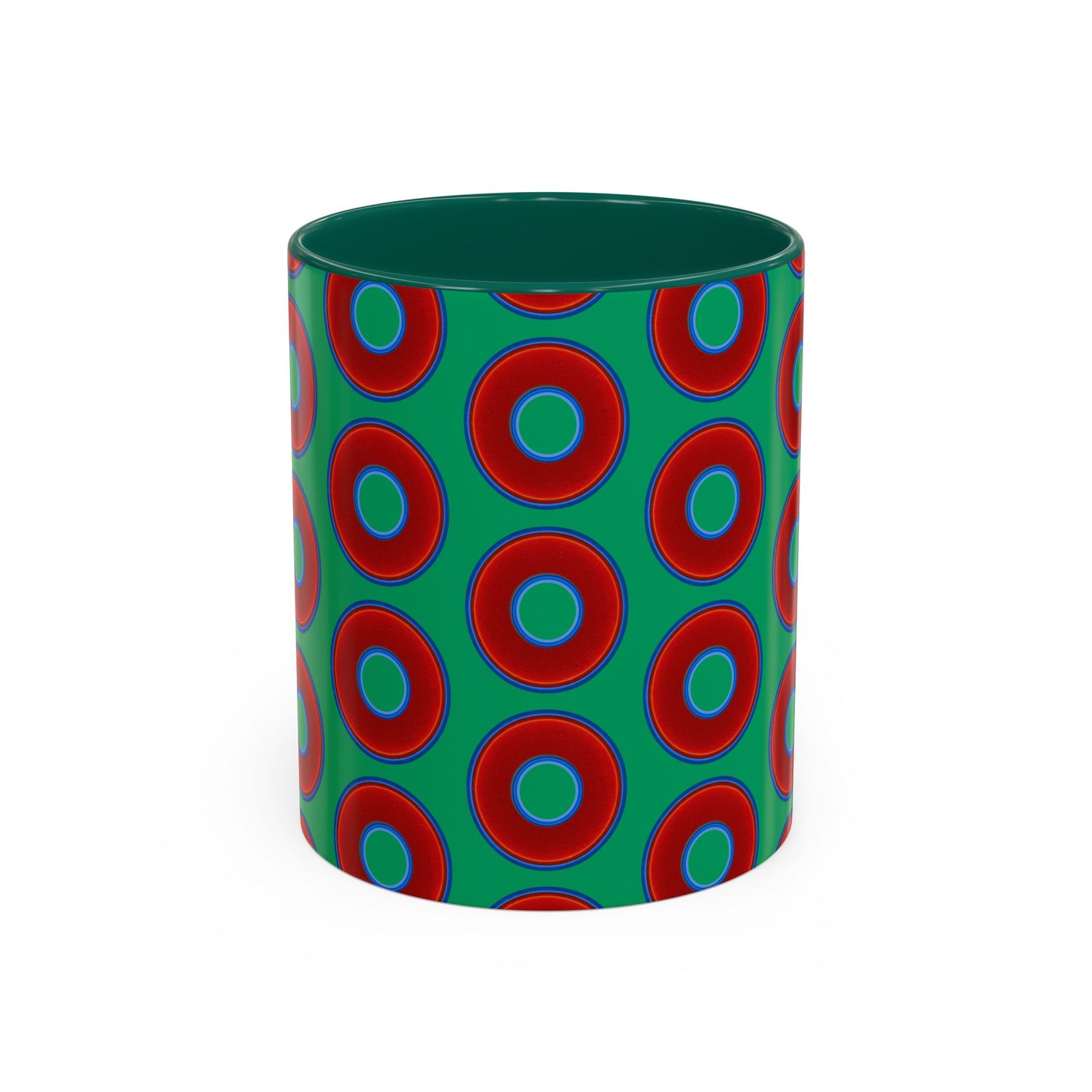 Lump's Grumpy Coffee Mug - vivid red donuts w/jade green background