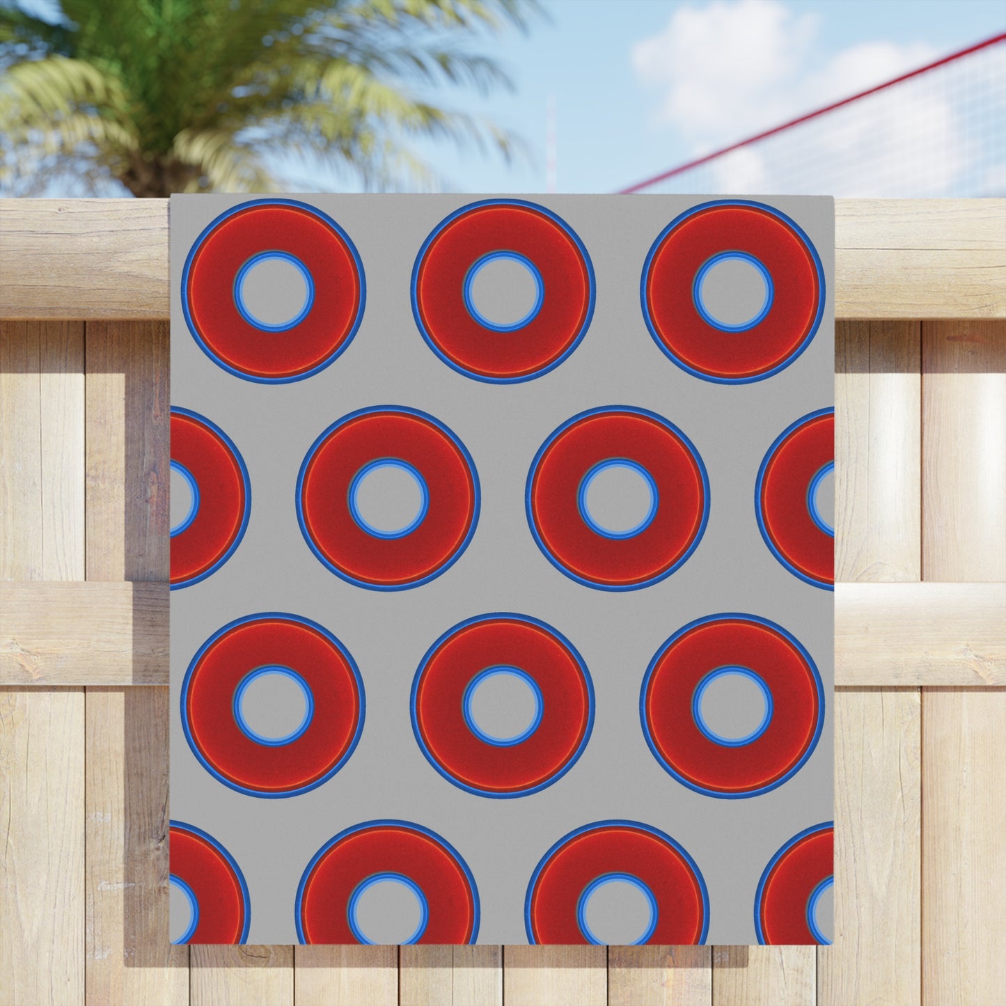 Lumpy Donut Towels - vivid red donuts w/light gray background
