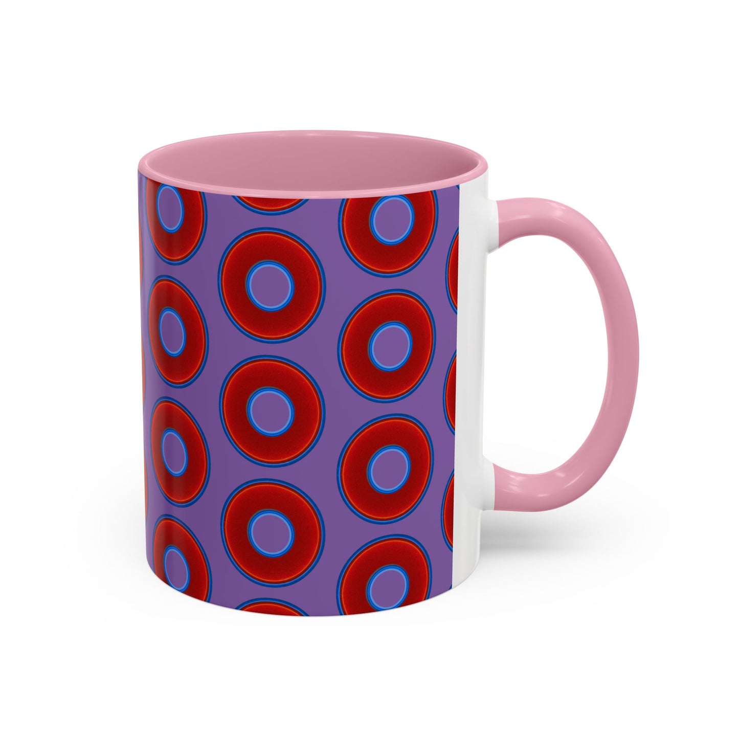 Lump's Grumpy Coffee Mug - vivid red donuts w/light purple background