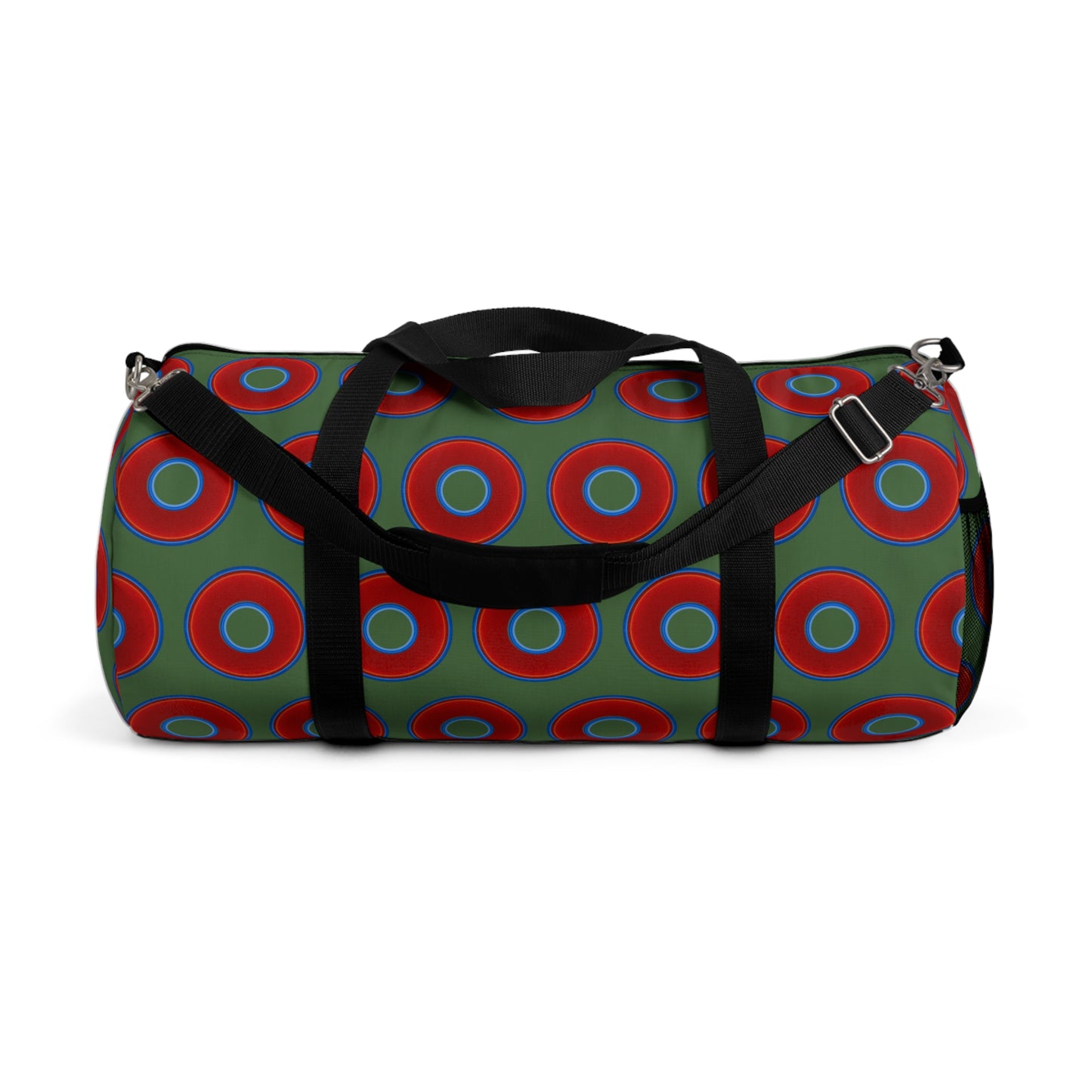 Lumpy Duffel - vivid red donuts w/dark green background