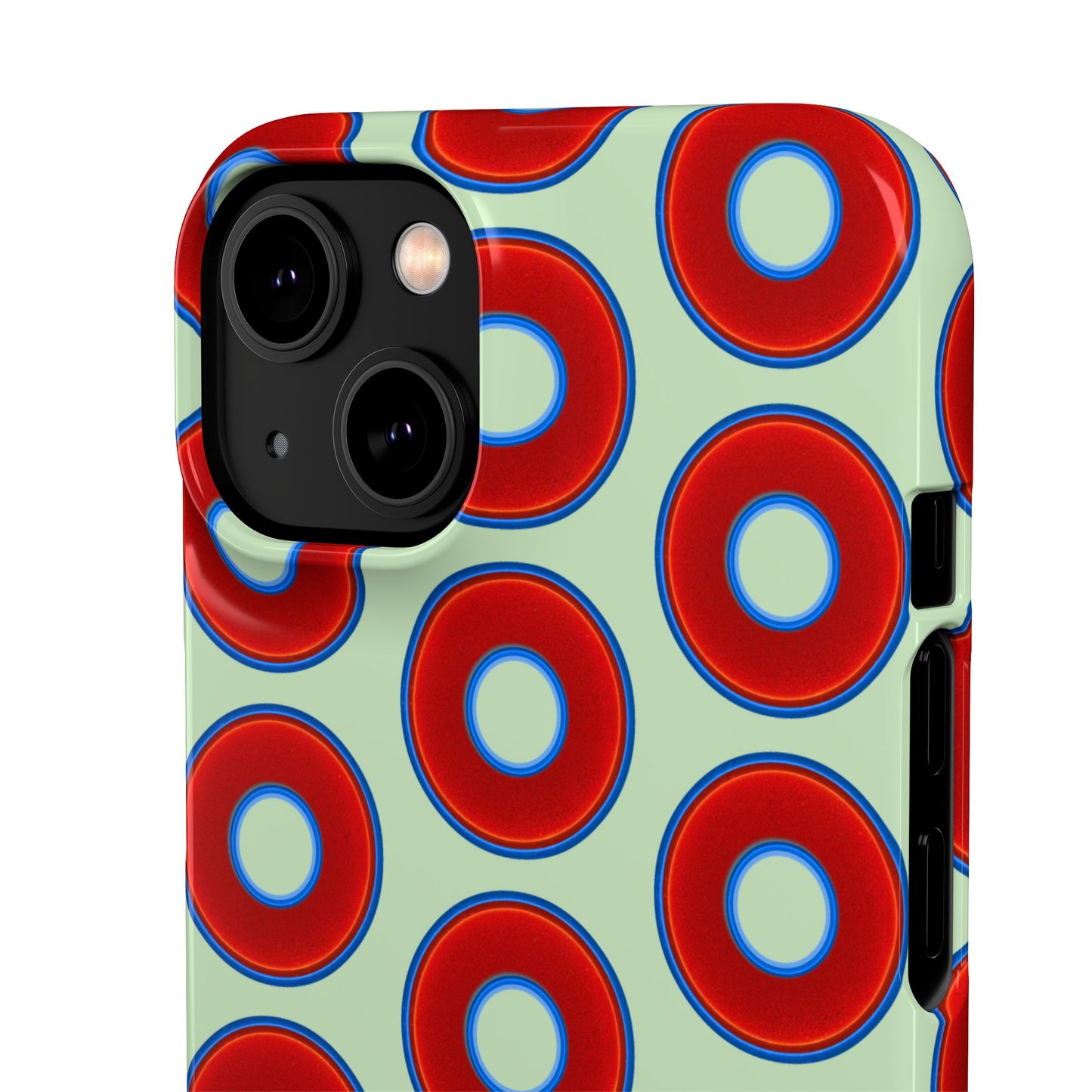 Lumpy Donut Snap Case - red vivid donut print w/seafoam green background
