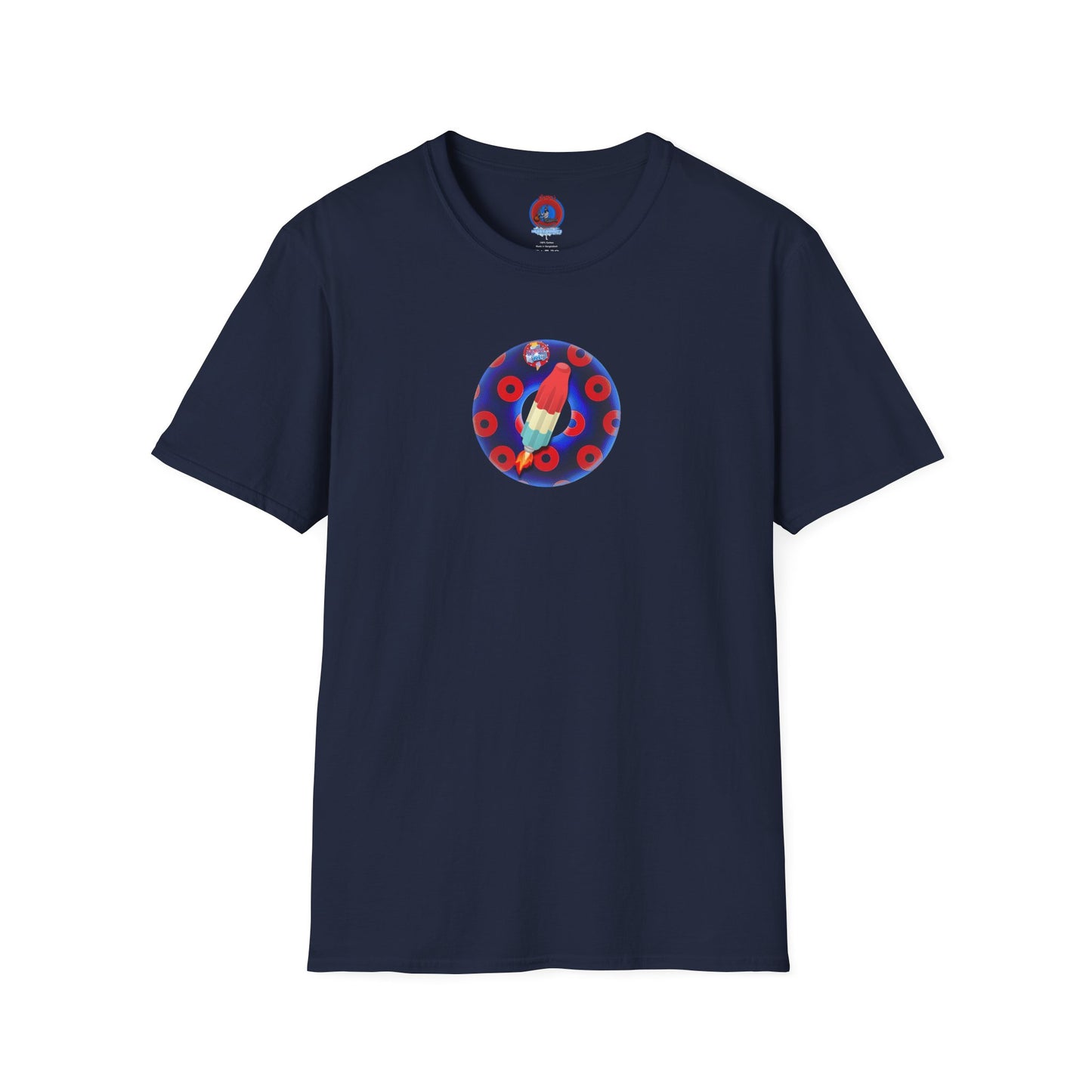 Classic Donut Tee - Unisex Soft-Style - "Blow this Popsicle Stand" - blue/red paradox bomb pop donut - variant 2