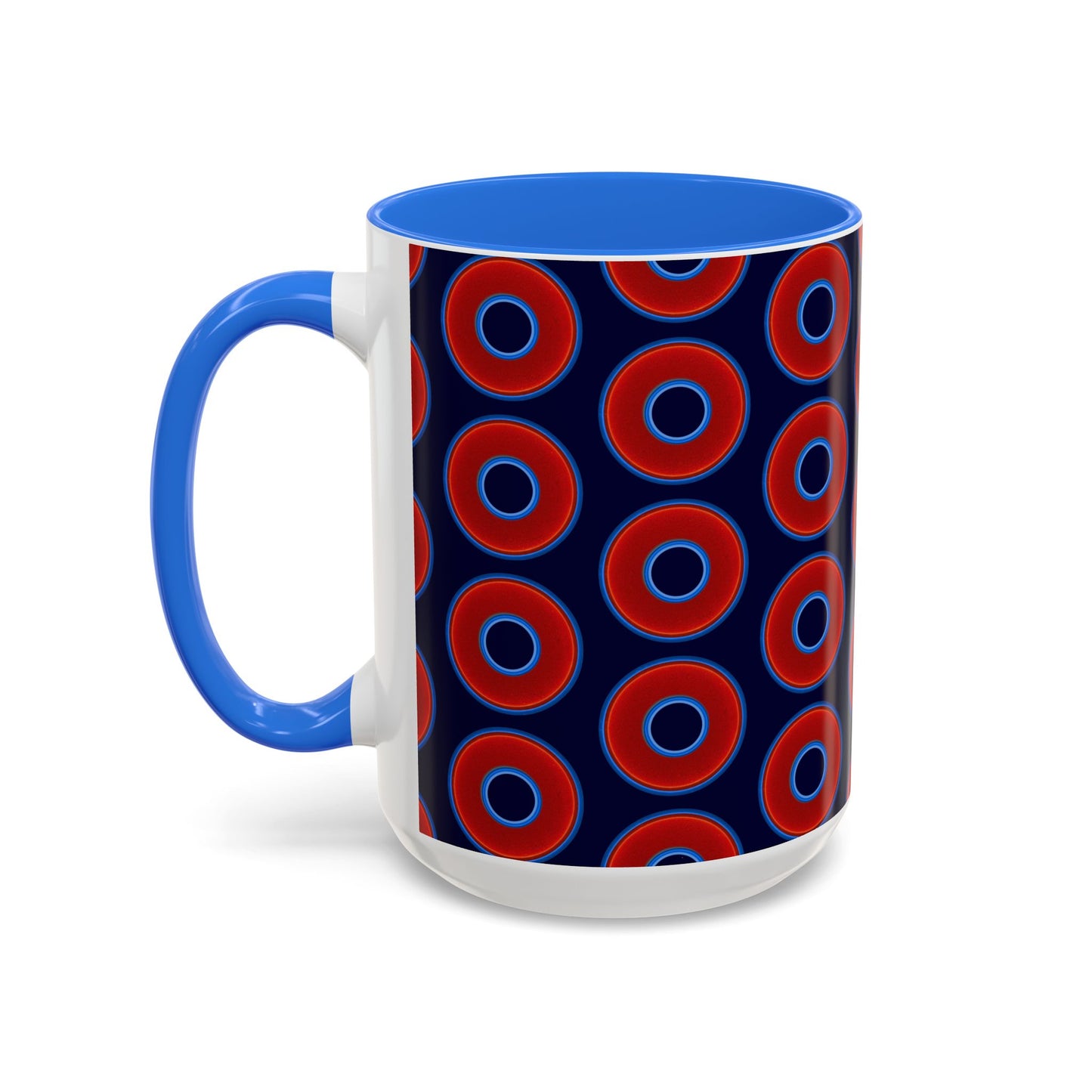 Lump's Grumpy Coffee Mug - vivid red donuts w/midnight blue background