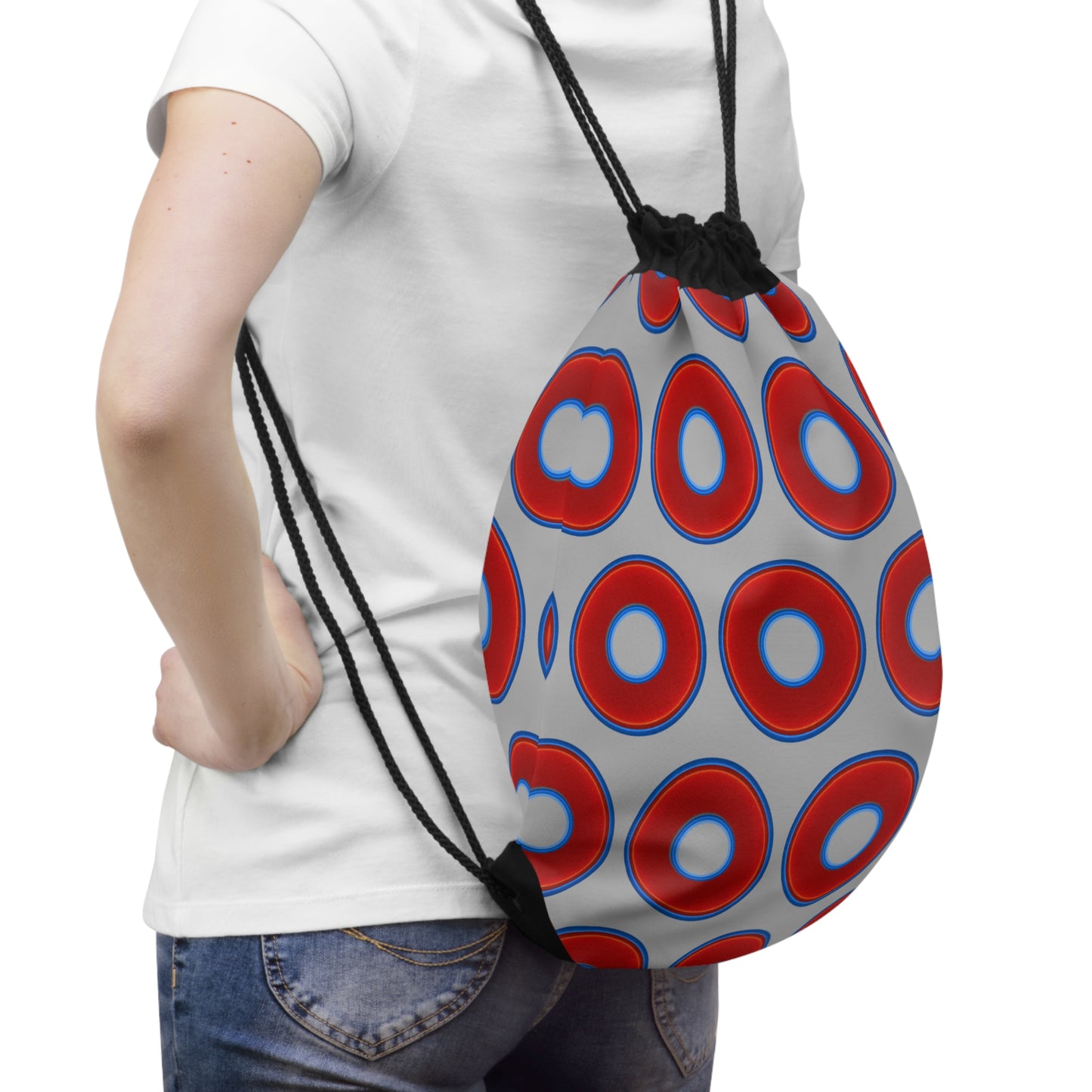 Lumpy Donut Drawstring Bag - red vivid donuts print w/light gray background