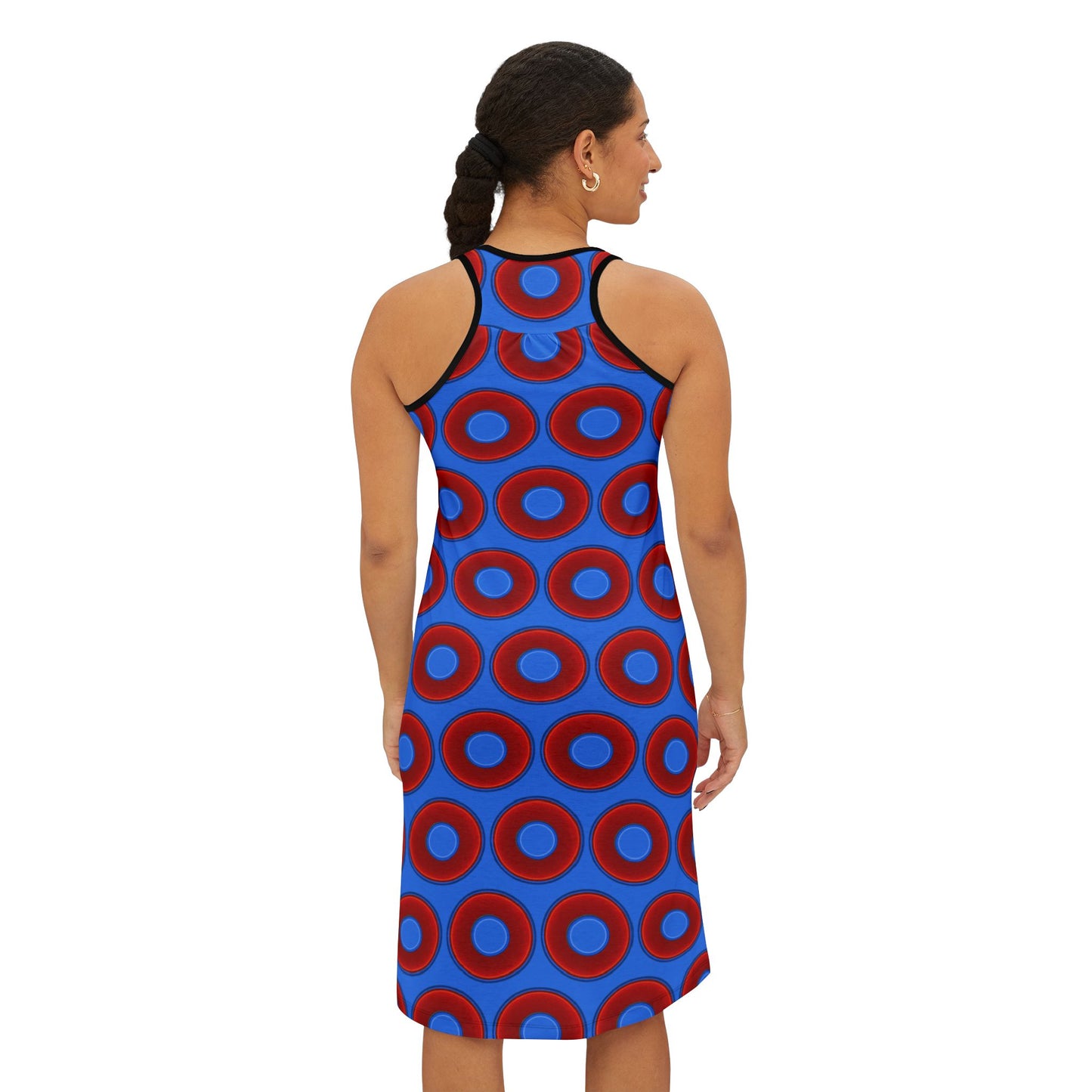 Tela's Lumpy Racerback Donut Dress - red vivid donut print w/light royal blue background