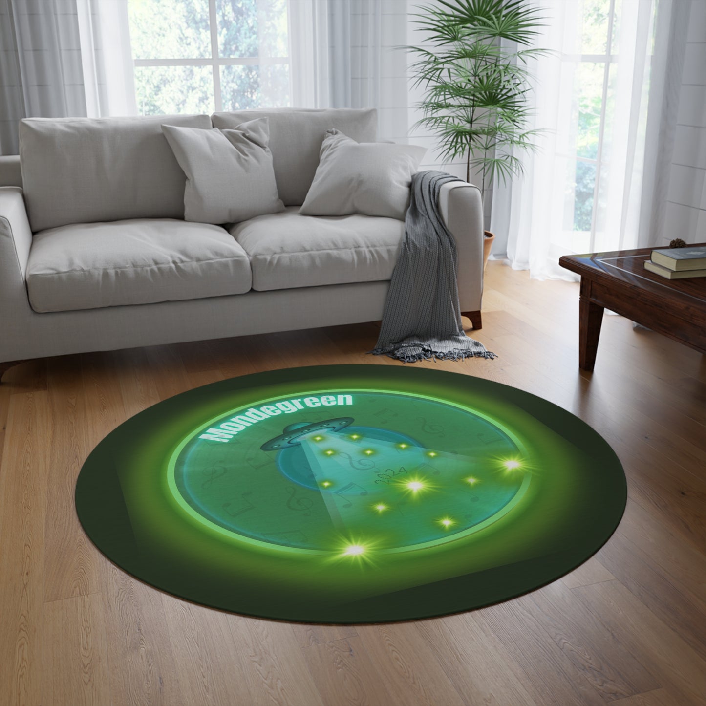 Round Room - 5 ft x 5 ft Lumpy Donut Rug - "Close Encounters of the Delaware Kind" - vivid green record donut w/deep forest green background - variant 1