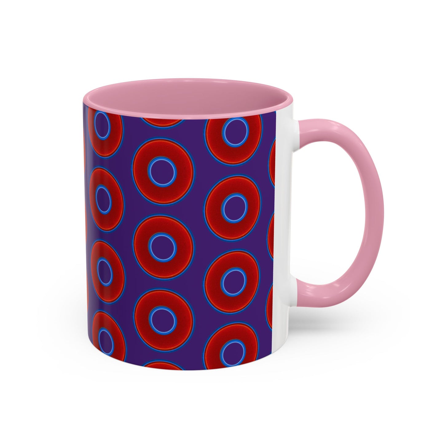 Lump's Grumpy Coffee Mug - vivid red donuts w/purple background