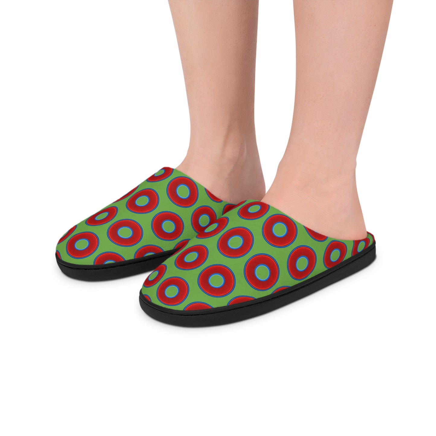 Women's Lumpy Slippers - red vivid donut print w/light green background