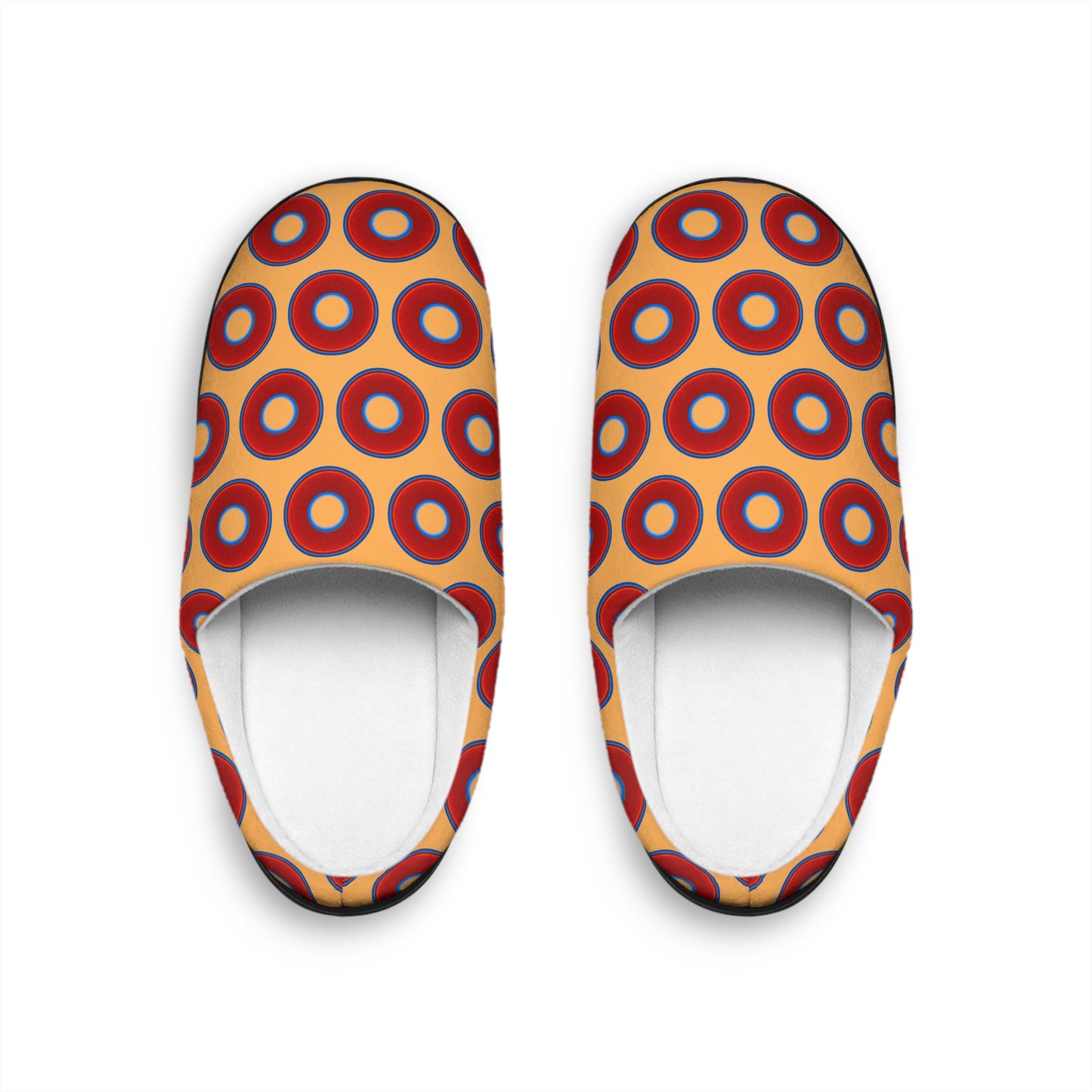 Men's Lumpy Slippers - red vivid donut print w/creamsicle orange background