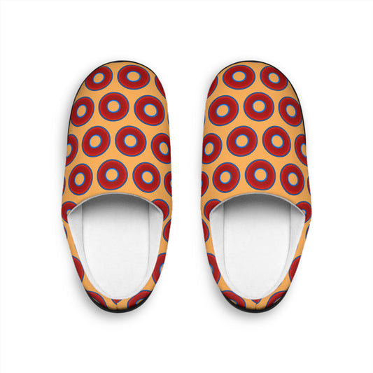 Men's Lumpy Slippers - red vivid donut print w/creamsicle orange background