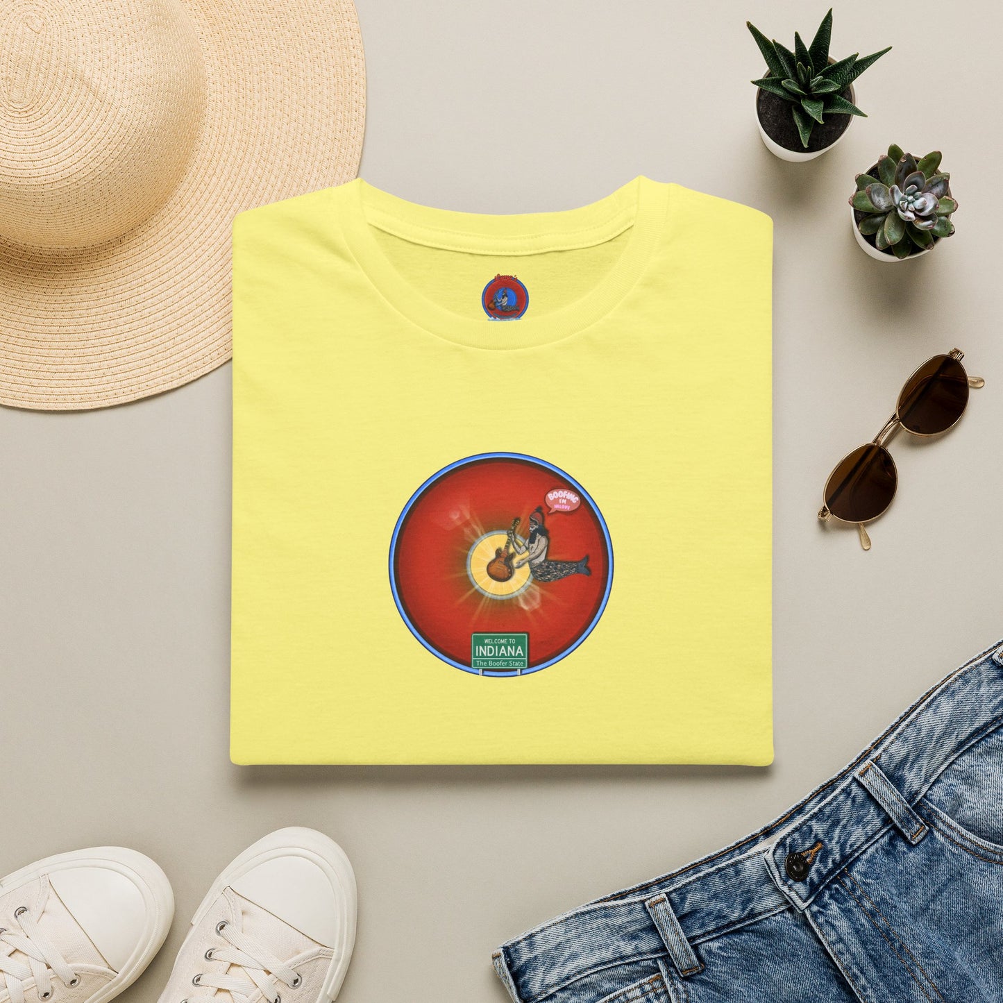 Classic Donut Tee - Unisex Soft-Style - "Indiana is for Boofers" - vivid red/blue plumpy donut - variant 1 - w/toppings