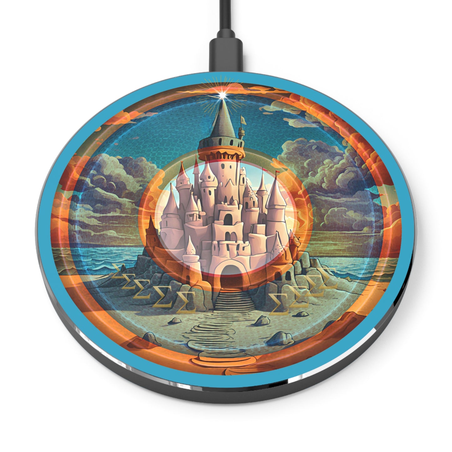 The Flow - Wireless Lumpy Donut Chargers - "The Wireless Donut Charger that Tides Never Reach" - rustic orange/blue pic donut w/light blue background - variant 1