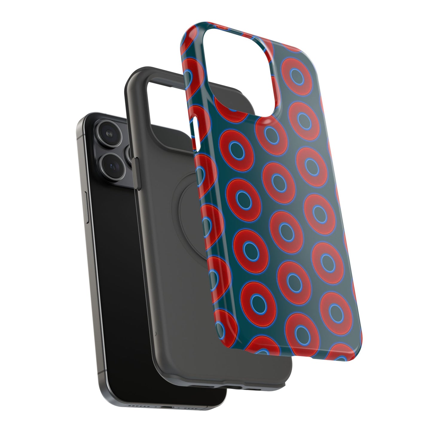 Impact-Resistant Lumpy Donut Case - red vivid donut print w/midnight green background