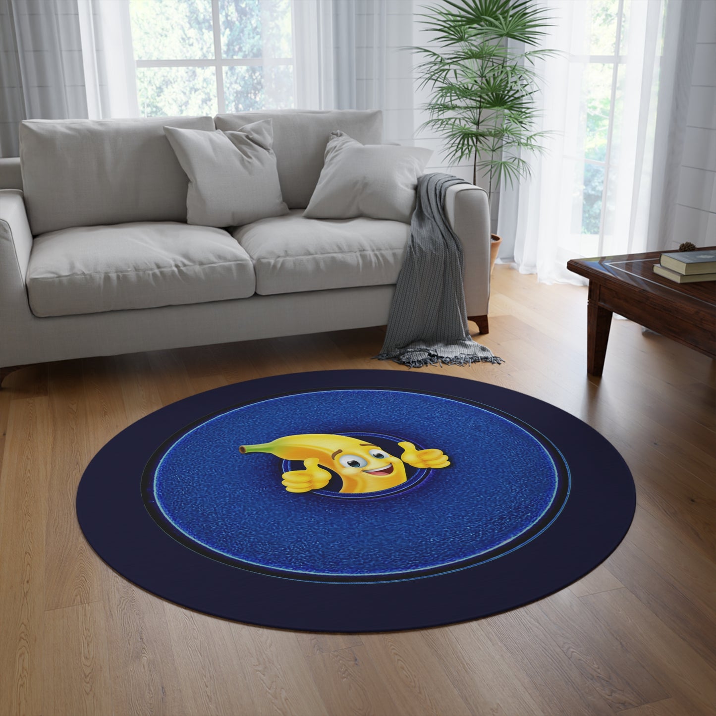 Round Room - 5 ft x 5 ft Lumpy Donut Rug - "Banana Bread Donut " - vivid blue donut w/midnight blue background - variant 5
