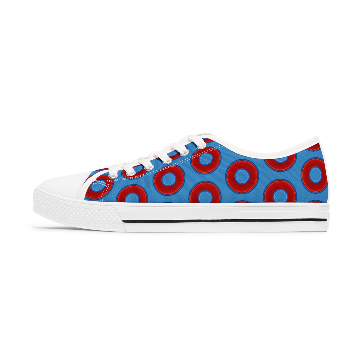 Women's - Low Top Chuck Taylors - large vivid red donut print w/light steal blue background