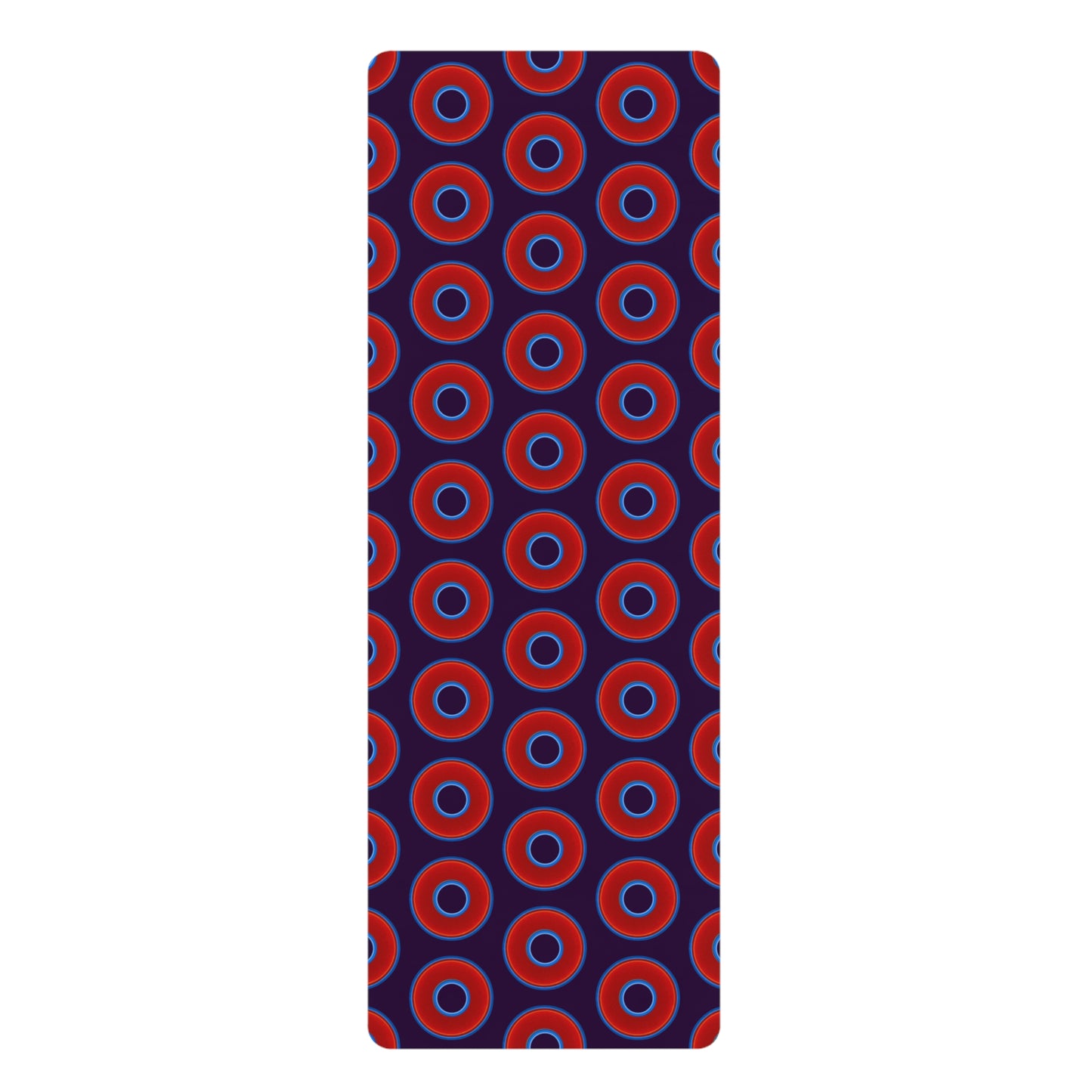 Lumpy Donut Yoga Mat :) - 24″ x 70" - vivid red donut print w/midnight purple background