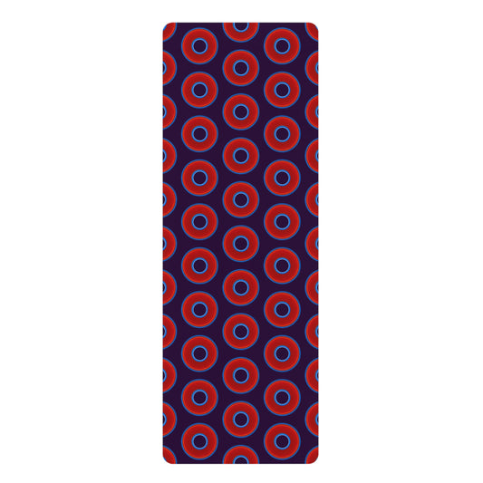 Lumpy Donut Yoga Mat :) - 24″ x 70" - vivid red donut print w/midnight purple background