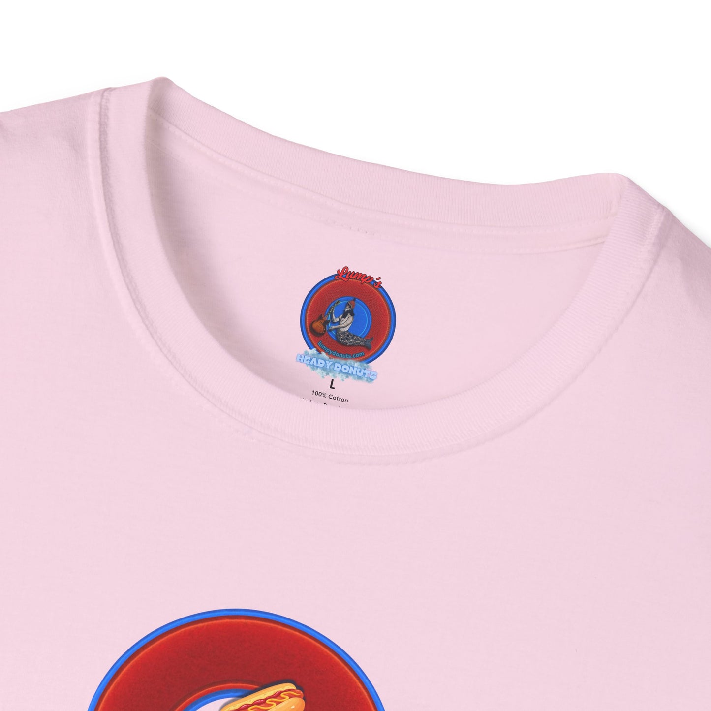 Classic Donut Tee - Unisex Soft-Style - "Viva Las Vegas Donut" -  vivid red donut w/raw dogger - variant 3