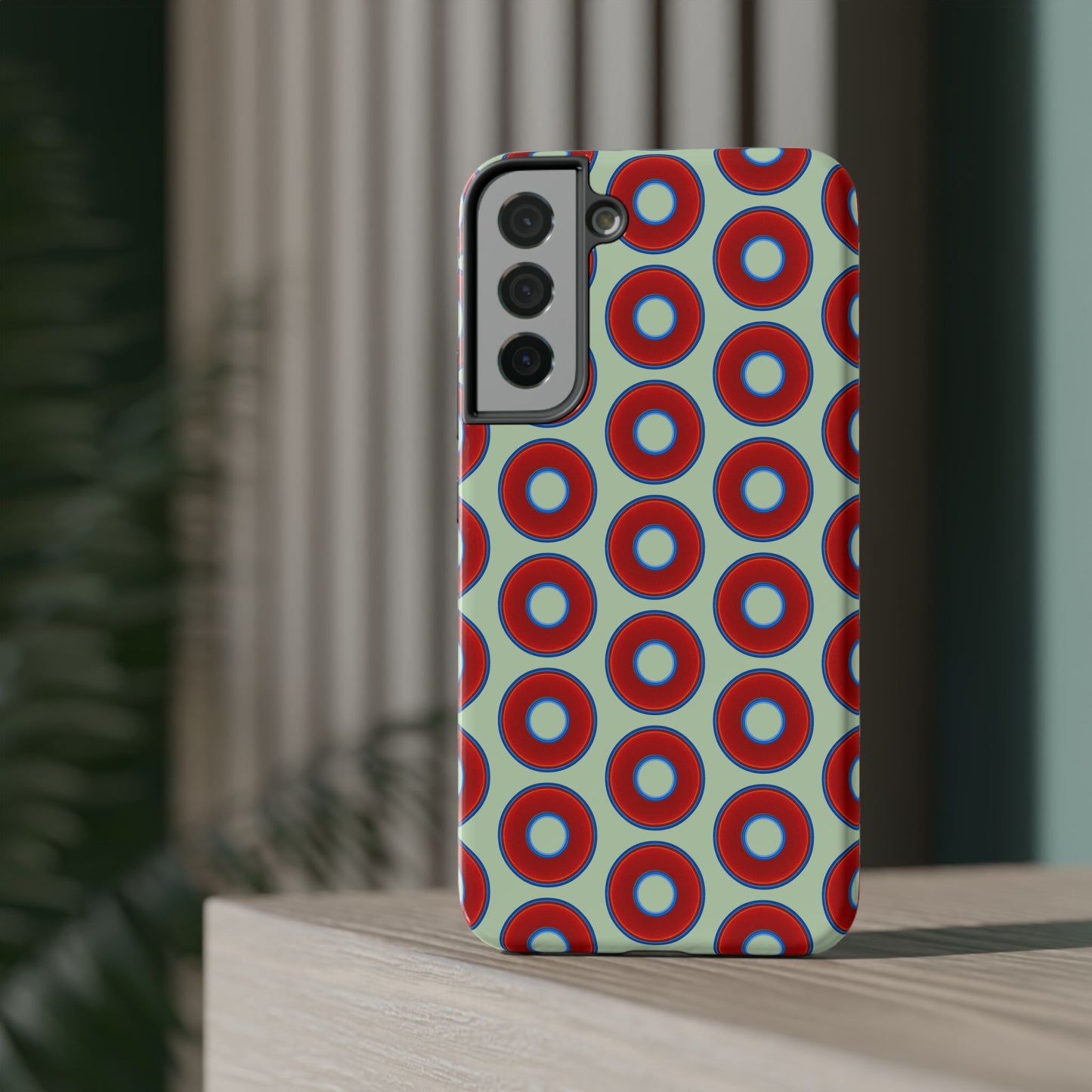 Impact-Resistant Lumpy Donut Case - red vivid donut print w/seafoam green background