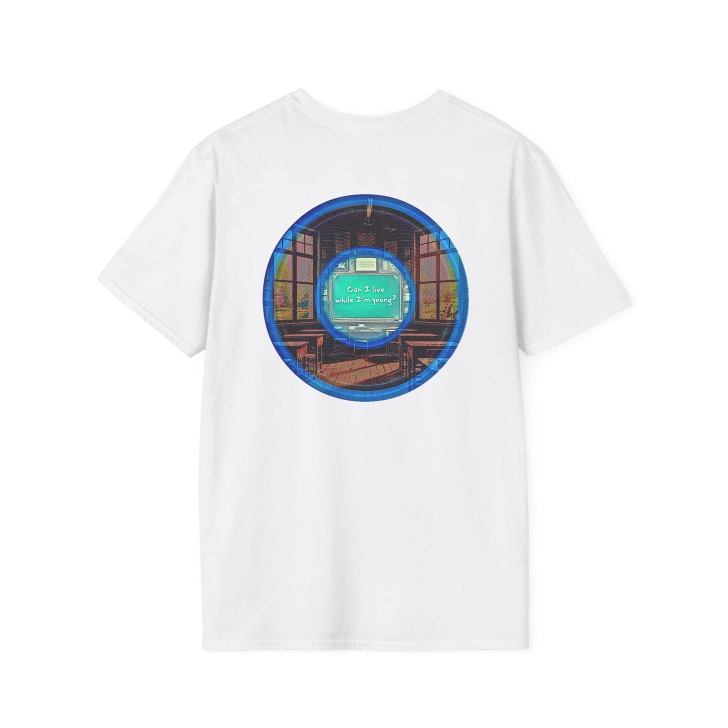 Classic Donut Tee - Unisex Soft-Style - "The Torturous Chalk Dust Donut  " - blue/red picture donut