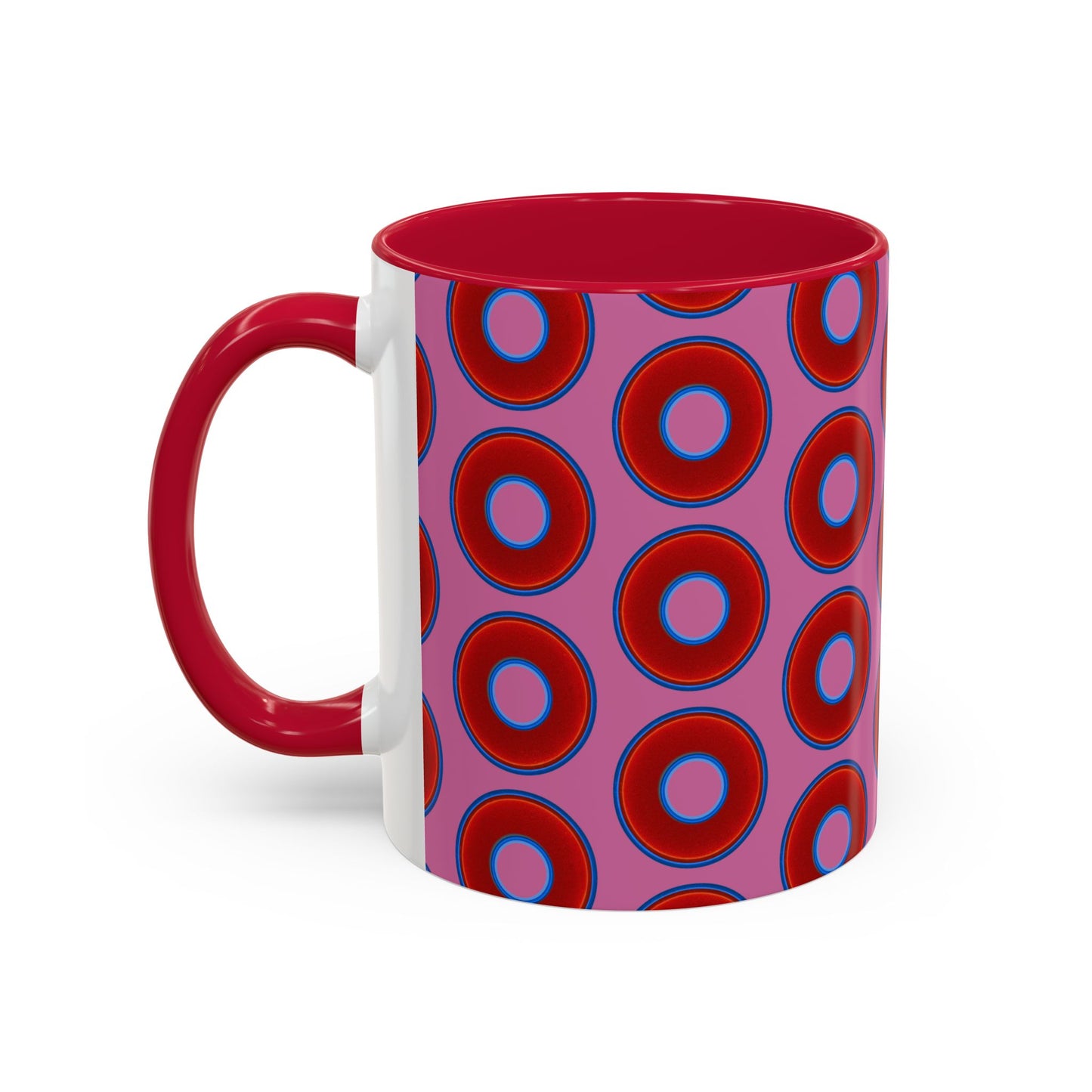 Lump's Grumpy Coffee Mug - vivid red donuts w/pink background