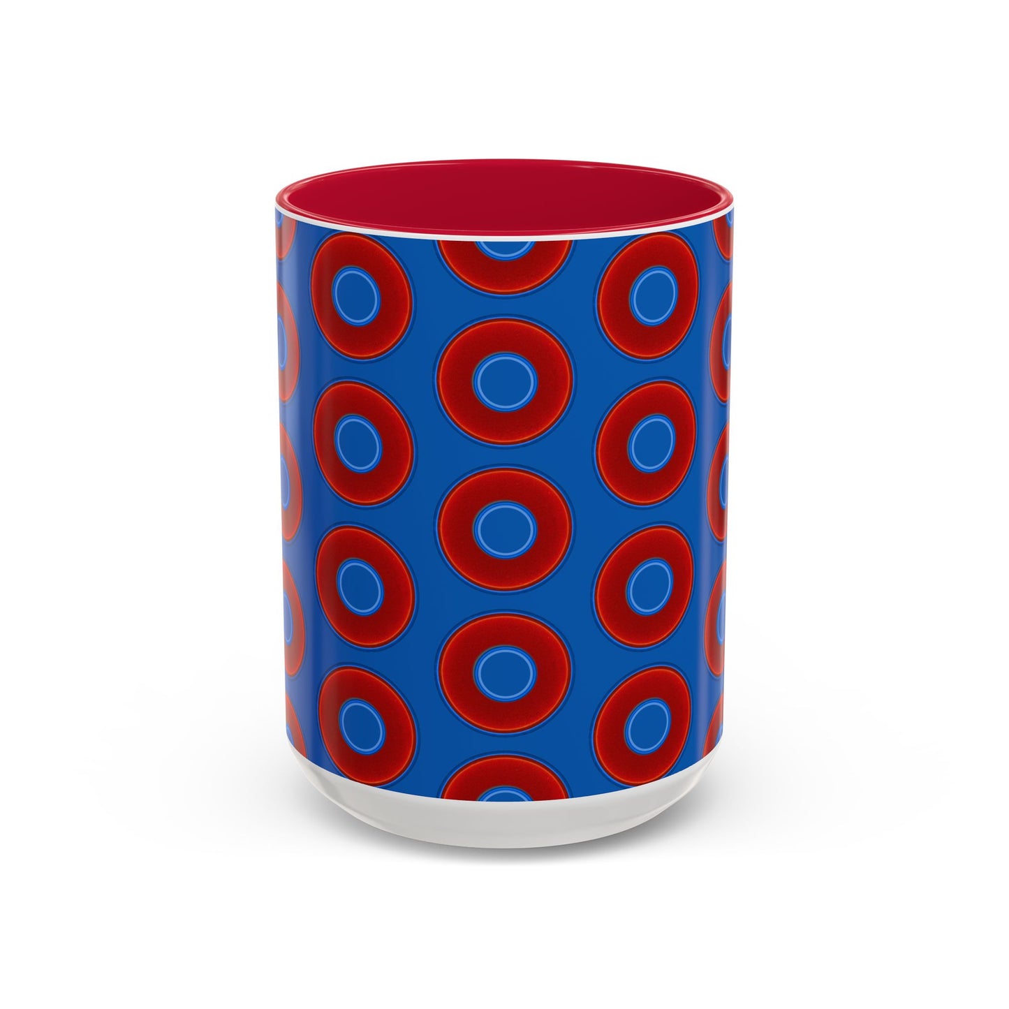 Lump's Grumpy Coffee Mug - vivid red donuts w/dark royal blue background