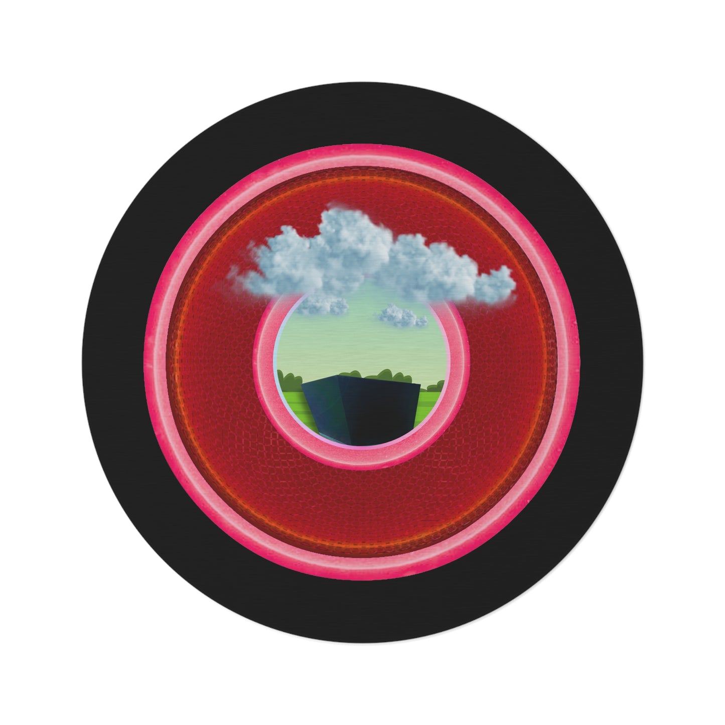 Round Room - 5 ft x 5 ft Lumpy Donut Rug - "Got Rhombus Rug?" - rustic red/pink donut w/black background - variant 3