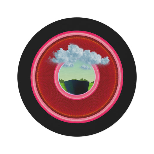 Round Room - 5 ft x 5 ft Lumpy Donut Rug - "Got Rhombus Rug?" - rustic red/pink donut w/black background - variant 3