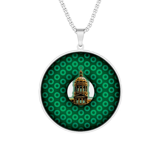 Lump's Heady Donut Necklace - 1" x 1" Stainless Steel Pendant - "Save the Mondegreen City Hall" - green/green grid paradox donut